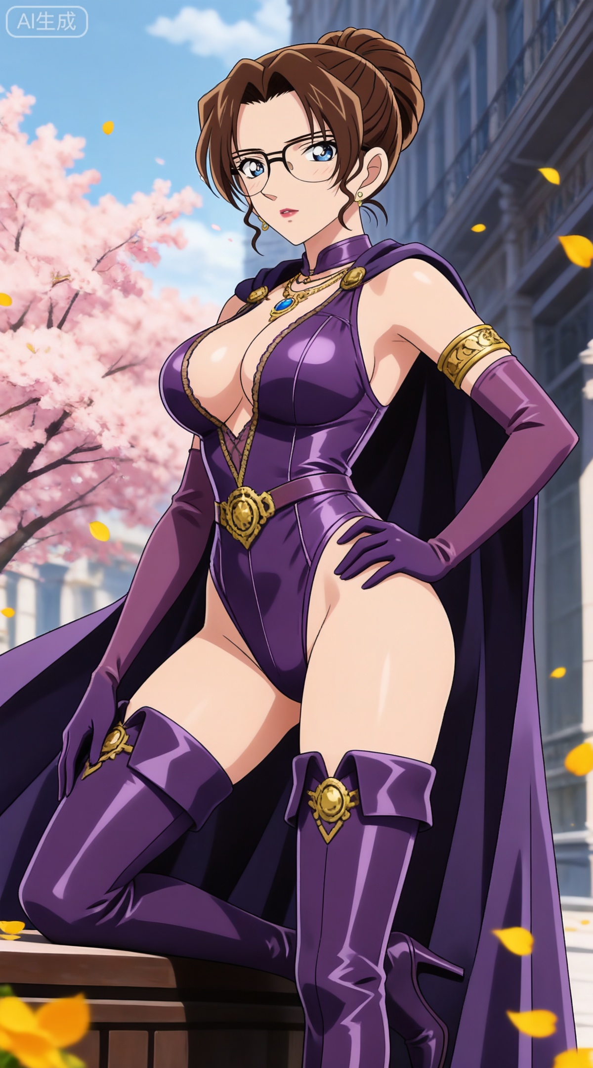 depth of field,masterpiece,best quality,very aesthetic,alternate costume,alternate costume,2024,2023,perfect composition,ultra-detailed,extreme aesthetic,masterpiece,best quality,good quality,newest,year 2024,year 2023,very aesthetic,absurdres,looking_at_viewer,colorful,
brown hair,blue eyes,glasses,hair bun,single hair bun,lipstick,makeup,large breasts,
1girl,breasts,jewelry,earrings,solo,gloves,thigh boots,boots,large breasts,elbow gloves,cleavage,cape,thighhighs,hand on own hip,petals,high heels,leotard,armlet,blue eyes,purple gloves,purple footwear,necklace,bare shoulders,102,