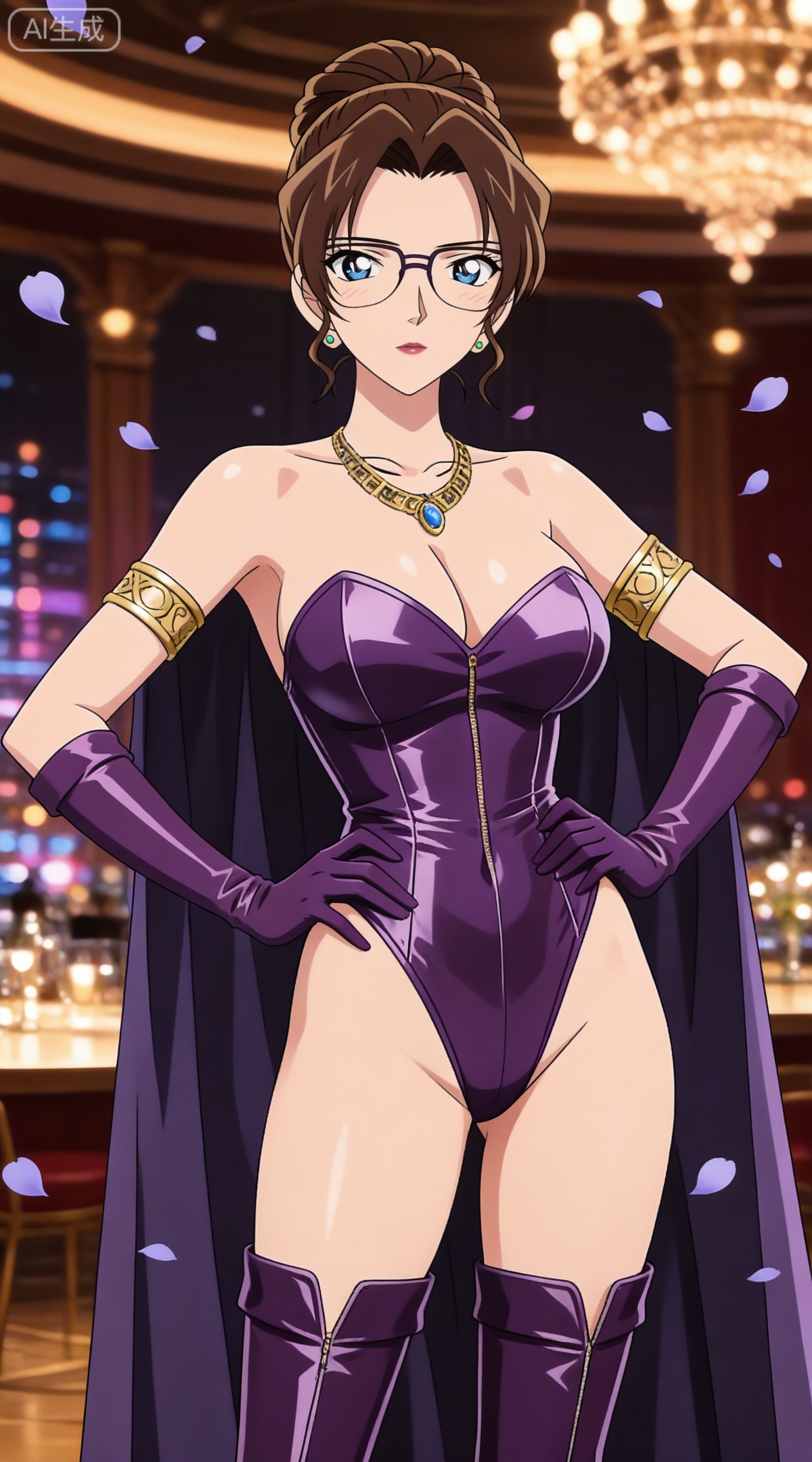 depth of field,masterpiece,best quality,very aesthetic,alternate costume,alternate costume,2024,2023,perfect composition,ultra-detailed,extreme aesthetic,masterpiece,best quality,good quality,newest,year 2024,year 2023,very aesthetic,absurdres,looking_at_viewer,colorful,
brown hair,blue eyes,glasses,hair bun,single hair bun,lipstick,makeup,large breasts,
1girl,breasts,jewelry,earrings,solo,gloves,thigh boots,boots,large breasts,elbow gloves,cleavage,cape,thighhighs,hand on own hip,petals,high heels,leotard,armlet,blue eyes,purple gloves,purple footwear,necklace,bare shoulders,102,