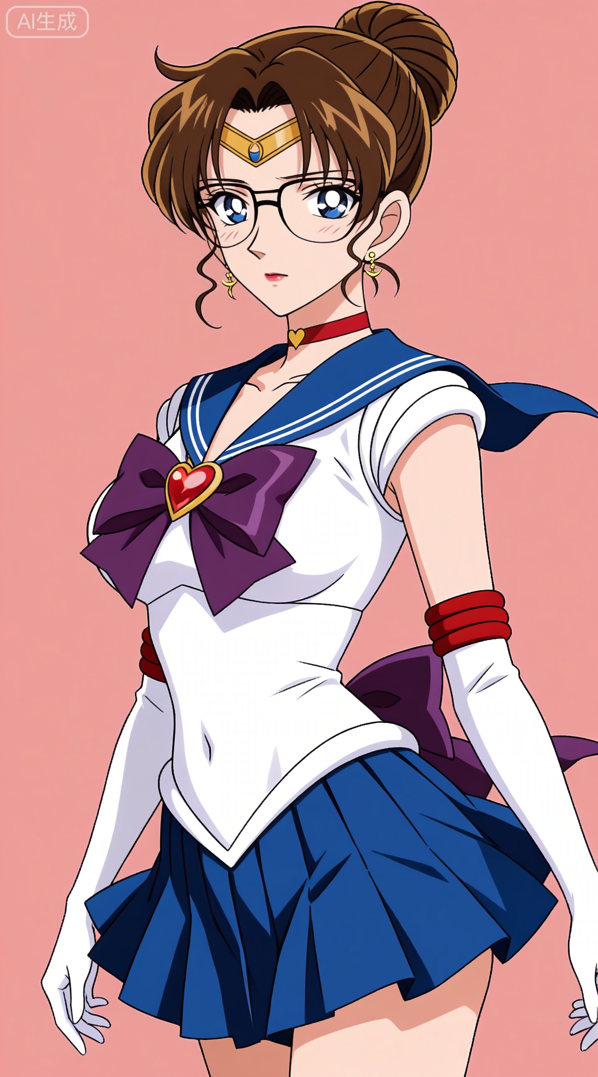 depth of field,masterpiece,best quality,very aesthetic,alternate costume,alternate costume,2024,2023,perfect composition,ultra-detailed,extreme aesthetic,masterpiece,best quality,good quality,newest,year 2024,year 2023,very aesthetic,absurdres,looking_at_viewer,colorful,
brown hair,blue eyes,glasses,hair bun,single hair bun,lipstick,makeup,large breasts,
1girl,sailor senshi uniform,solo,jewelry,skirt,gloves,earrings,blue skirt,white gloves,sailor collar,bow,breasts,choker,elbow gloves,magical girl,back bow,covered navel,pleated skirt,looking at viewer,brooch,purple bow,heart brooch,red choker,miniskirt,closed mouth,large breasts,collarbone,red gemstone,tiara,cowboy shot,
