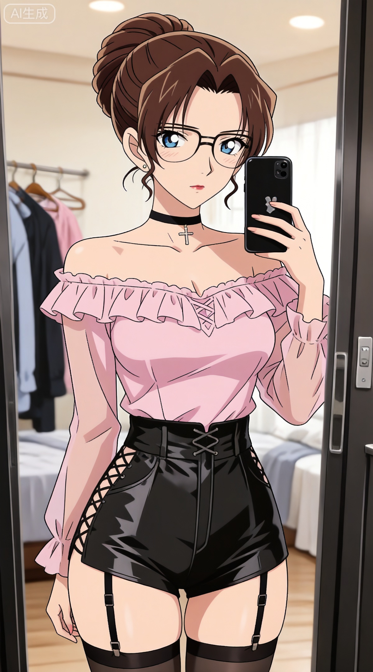 depth of field,masterpiece,best quality,very aesthetic,alternate costume,alternate costume,2024,2023,perfect composition,ultra-detailed,extreme aesthetic,masterpiece,best quality,good quality,newest,year 2024,year 2023,very aesthetic,absurdres,looking_at_viewer,colorful,
brown hair,blue eyes,glasses,hair bun,single hair bun,lipstick,makeup,large breasts,
1girl,breasts,jewelry,phone,earrings,thighhighs,choker,solo,cleavage,cellphone,black choker,holding phone,bare shoulders,holding,smartphone,shirt,garter straps,black thighhighs,off-shoulder shirt,leotard,frills,selfie,collarbone,off shoulder,pink shirt,long sleeves,cross-laced clothes,standing,clothes hanger,closed mouth,cowboy shot,high-waist shorts,thighs,indoors,large breasts,see-through,shorts,medium breasts,
