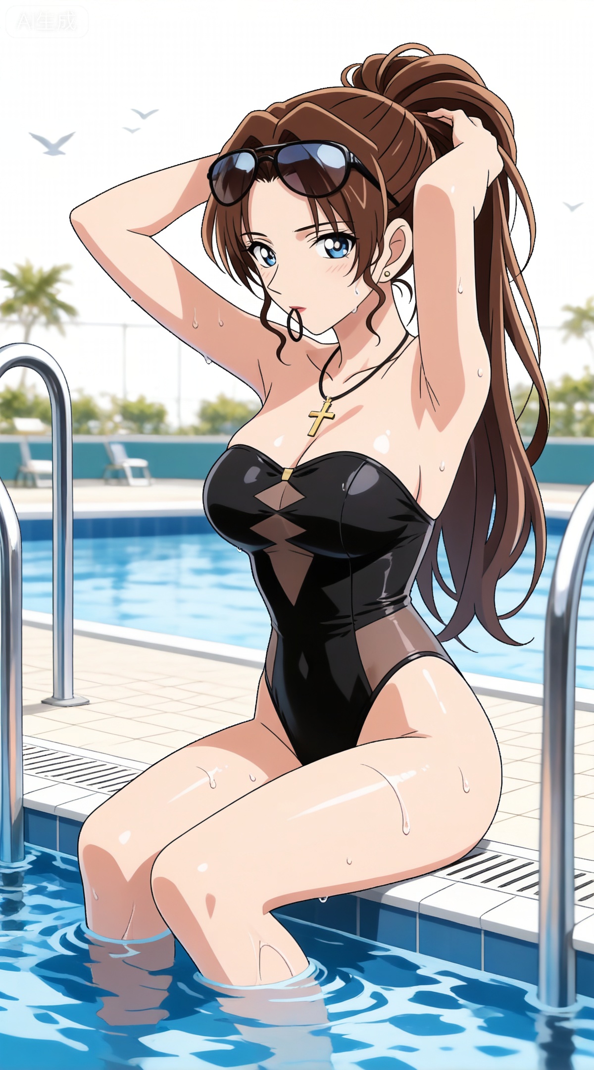 depth of field,masterpiece,best quality,very aesthetic,alternate costume,alternate costume,2024,2023,perfect composition,ultra-detailed,extreme aesthetic,masterpiece,best quality,good quality,newest,year 2024,year 2023,very aesthetic,absurdres,looking_at_viewer,colorful,
brown hair,blue eyes,glasses,hair bun,single hair bun,lipstick,makeup,large breasts,
1girl,breasts,swimsuit,one-piece swimsuit,official alternate costume,eyewear on head,solo,black one-piece swimsuit,looking at viewer,large breasts,very long hair,sitting,sunglasses,wet,see-through,bird,pool,water,thighs,cross,strapless one-piece swimsuit,highleg swimsuit,jewelry,soaking feet,tying hair,adjusting hair,arms up,transparent background,pool ladder,hand in own hair,hands in hair,arms behind head,poolside,casual one-piece swimsuit,wet clothes,earrings,highleg,white background,towel,full body,hair lift,sidelocks,necklace,21