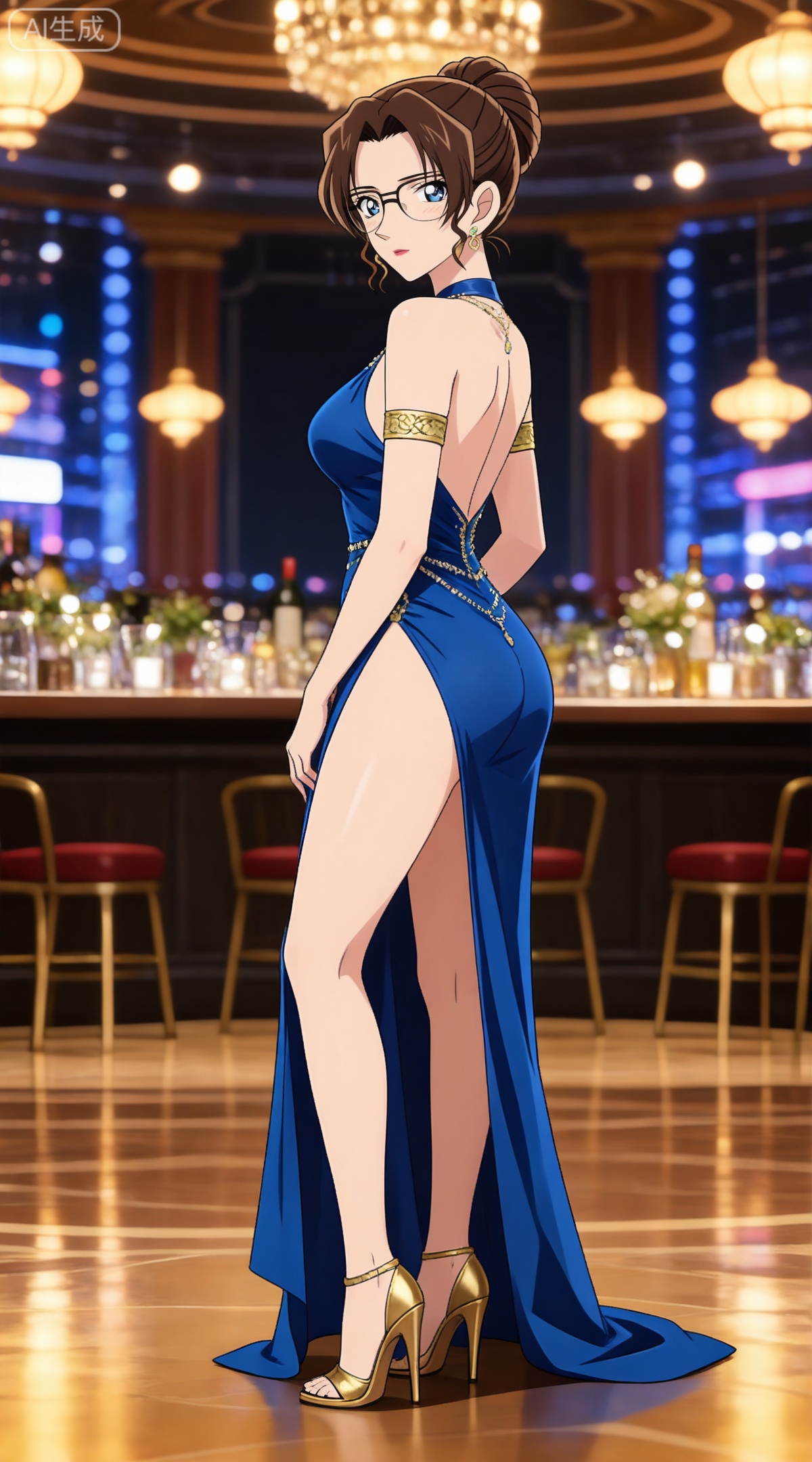 depth of field,masterpiece,best quality,very aesthetic,alternate costume,alternate costume,2024,2023,perfect composition,ultra-detailed,extreme aesthetic,masterpiece,best quality,good quality,newest,year 2024,year 2023,very aesthetic,absurdres,looking_at_viewer,colorful,
brown hair,blue eyes,glasses,hair bun,single hair bun,lipstick,makeup,large breasts,
1girl,dress,solo,high heels,blue dress,jewelry,breasts,full body,earrings,backless dress,standing,from side,legs,backless outfit,bare shoulders,ass,looking at viewer,armlet,sandals,bare legs,side slit,
