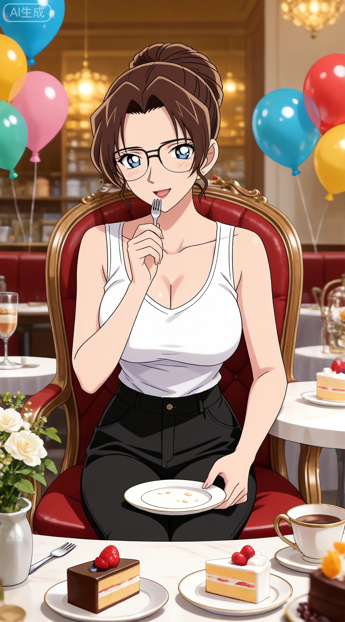 depth of field,masterpiece,best quality,very aesthetic,alternate costume,alternate costume,2024,2023,perfect composition,ultra-detailed,extreme aesthetic,masterpiece,best quality,good quality,newest,year 2024,year 2023,very aesthetic,absurdres,looking_at_viewer,colorful,
brown hair,blue eyes,glasses,hair bun,single hair bun,lipstick,makeup,large breasts,
1girl,solo,long hair,breasts,cleavage,book,cake,sitting,smile,collarbone,black pants,open mouth,pants,looking at viewer,food,blue eyes,plate,cup,large breasts,teacup,chair,sleeveless,holding,cake slice,balloon,fork,shirt,