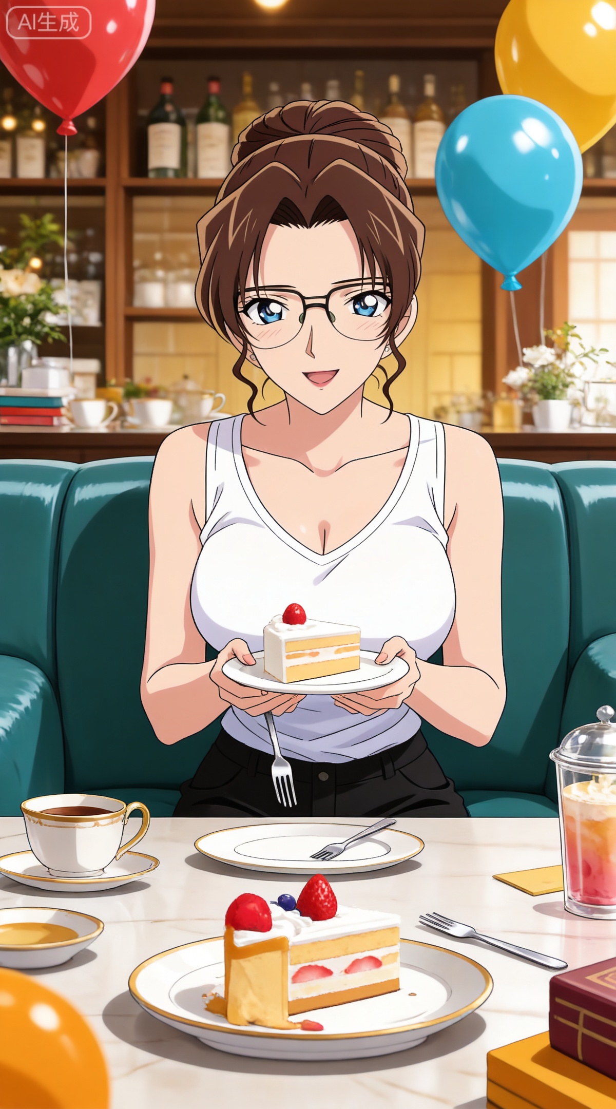 depth of field,masterpiece,best quality,very aesthetic,alternate costume,alternate costume,2024,2023,perfect composition,ultra-detailed,extreme aesthetic,masterpiece,best quality,good quality,newest,year 2024,year 2023,very aesthetic,absurdres,looking_at_viewer,colorful,
brown hair,blue eyes,glasses,hair bun,single hair bun,lipstick,makeup,large breasts,
1girl,solo,long hair,breasts,cleavage,book,cake,sitting,smile,collarbone,black pants,open mouth,pants,looking at viewer,food,blue eyes,plate,cup,large breasts,teacup,chair,sleeveless,holding,cake slice,balloon,fork,shirt,