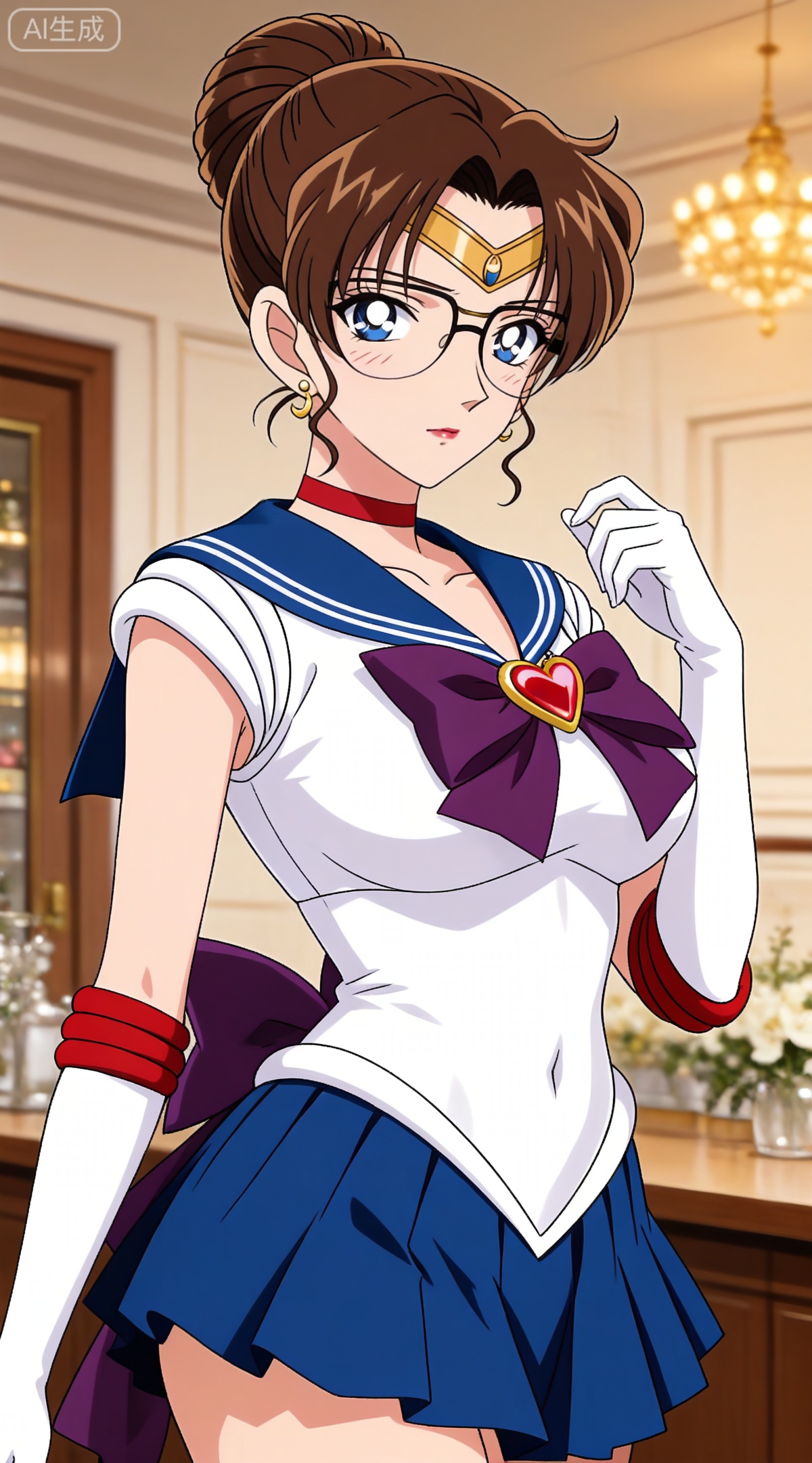 depth of field,masterpiece,best quality,very aesthetic,alternate costume,alternate costume,2024,2023,perfect composition,ultra-detailed,extreme aesthetic,masterpiece,best quality,good quality,newest,year 2024,year 2023,very aesthetic,absurdres,looking_at_viewer,colorful,
brown hair,blue eyes,glasses,hair bun,single hair bun,lipstick,makeup,large breasts,
1girl,sailor senshi uniform,solo,jewelry,skirt,gloves,earrings,blue skirt,white gloves,sailor collar,bow,breasts,choker,elbow gloves,magical girl,back bow,covered navel,pleated skirt,looking at viewer,brooch,purple bow,heart brooch,red choker,miniskirt,closed mouth,large breasts,collarbone,red gemstone,tiara,cowboy shot,
