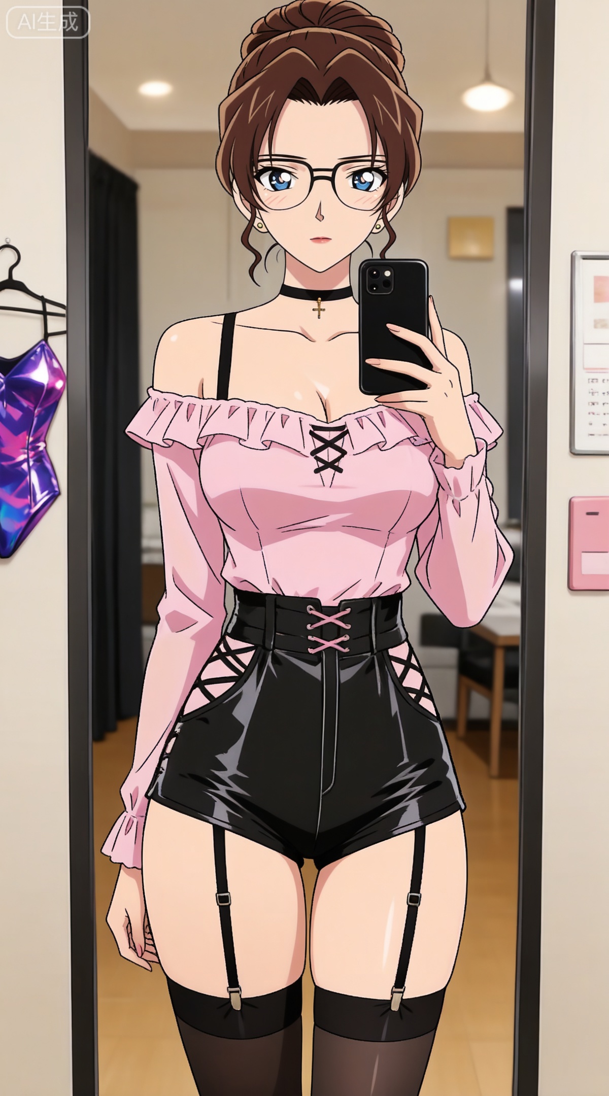 depth of field,masterpiece,best quality,very aesthetic,alternate costume,alternate costume,2024,2023,perfect composition,ultra-detailed,extreme aesthetic,masterpiece,best quality,good quality,newest,year 2024,year 2023,very aesthetic,absurdres,looking_at_viewer,colorful,
brown hair,blue eyes,glasses,hair bun,single hair bun,lipstick,makeup,large breasts,
1girl,breasts,jewelry,phone,earrings,thighhighs,choker,solo,cleavage,cellphone,black choker,holding phone,bare shoulders,holding,smartphone,shirt,garter straps,black thighhighs,off-shoulder shirt,leotard,frills,selfie,collarbone,off shoulder,pink shirt,long sleeves,cross-laced clothes,standing,clothes hanger,closed mouth,cowboy shot,high-waist shorts,thighs,indoors,large breasts,see-through,shorts,medium breasts,
