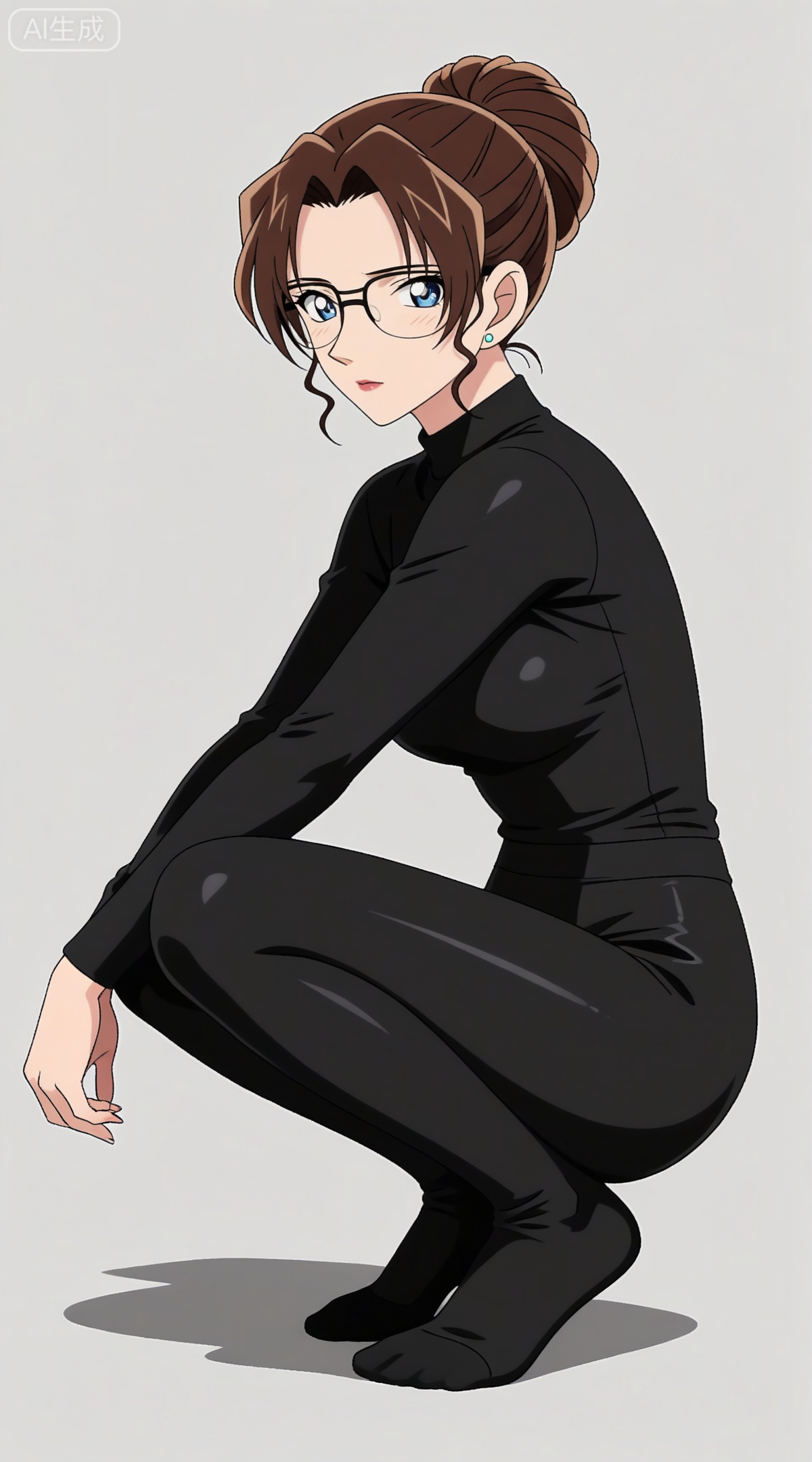 depth of field,masterpiece,best quality,very aesthetic,alternate costume,alternate costume,2024,2023,perfect composition,ultra-detailed,extreme aesthetic,masterpiece,best quality,good quality,newest,year 2024,year 2023,very aesthetic,absurdres,looking_at_viewer,colorful,
brown hair,blue eyes,glasses,hair bun,single hair bun,lipstick,makeup,large breasts,
1girl,solo,long hair,breasts,full body,medium breasts,bodysuit,grey background,legs,simple background,looking at viewer,lips,long_sleeves,(leggings:1.2),black bodysuit,squatting,black_pantyhose,
