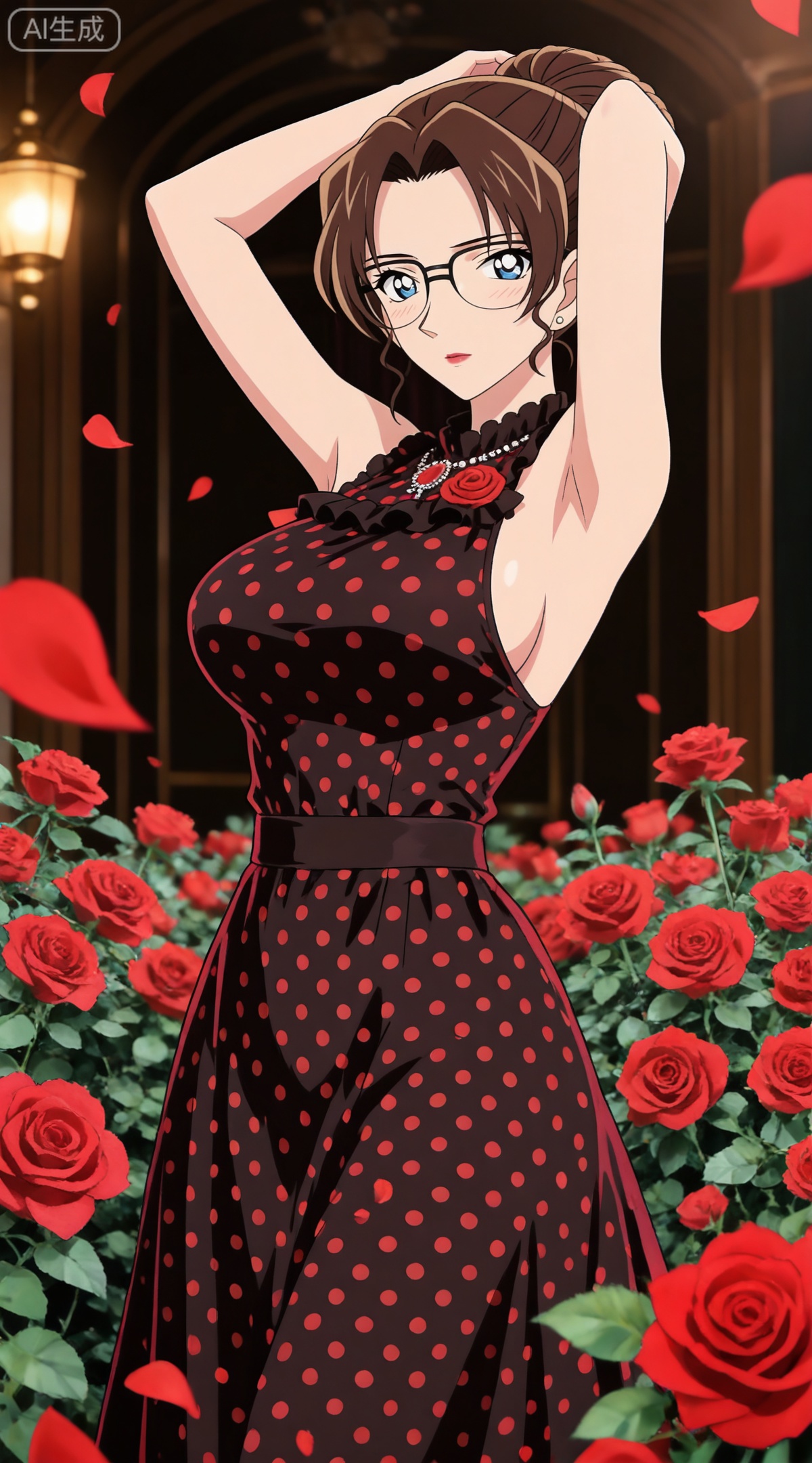 depth of field,masterpiece,best quality,very aesthetic,alternate costume,alternate costume,2024,2023,perfect composition,ultra-detailed,extreme aesthetic,masterpiece,best quality,good quality,newest,year 2024,year 2023,very aesthetic,absurdres,looking_at_viewer,colorful,
brown hair,blue eyes,glasses,hair bun,single hair bun,lipstick,makeup,large breasts,
1girl, breasts, solo, polka dot, flower, dress, rose, polka dot dress, large breasts, red flower, armpits, petals, red rose, arms up, sideboob, sleeveless, frills, rose petals,
