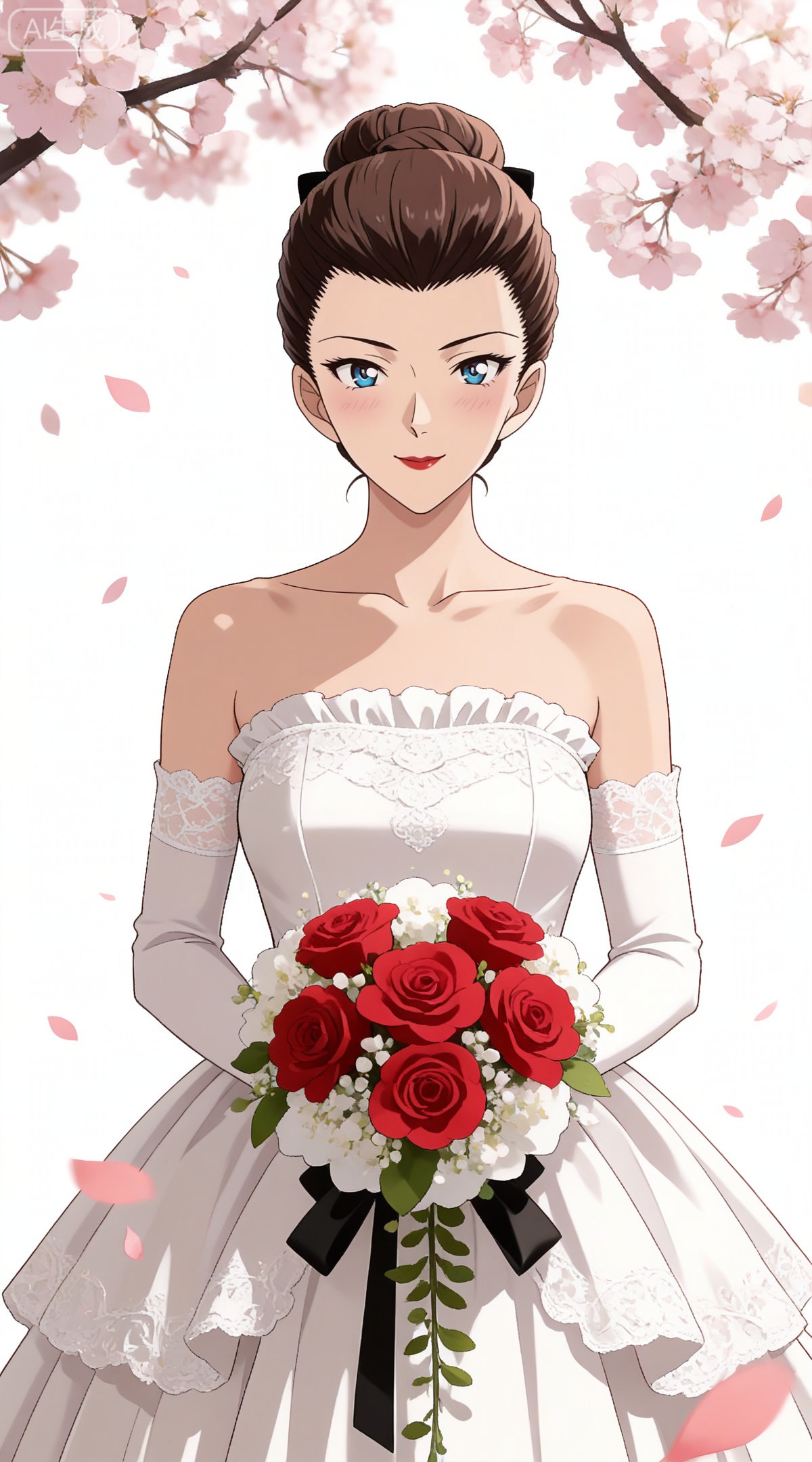 depth of field,masterpiece,best quality,very aesthetic,alternate costume,alternate costume,2024,2023,perfect composition,ultra-detailed,extreme aesthetic,masterpiece,best quality,good quality,newest,year 2024,year 2023,very aesthetic,absurdres,looking_at_viewer,colorful,,brown hair, blue eyes, makeup, lipstick, red lips, hair bun, single hair bun,mature_female,
elbow_gloves,frilled_skirt,holding_bouquet,highres,cherry_blossoms,strapless_dress,white_gloves,looking_at_viewer,red_flower,solo,collarbone,own_hands_together,:d,white_background,backlighting,black_bow,bare_shoulders,frilled_dress,hair_bow,wedding_dress,commentary_request,1girl,petals,simple_background,blush,cowboy_shot,
