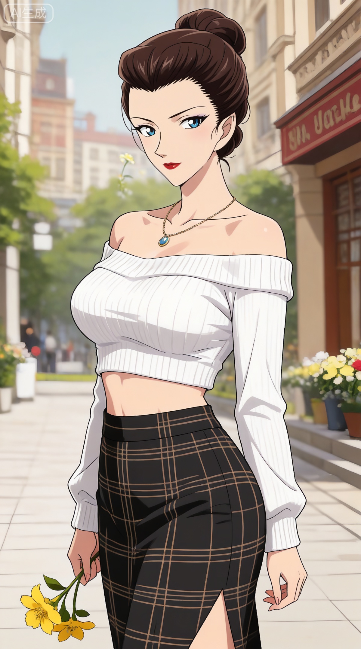 depth of field,masterpiece,best quality,very aesthetic,alternate costume,alternate costume,2024,2023,perfect composition,ultra-detailed,extreme aesthetic,masterpiece,best quality,good quality,newest,year 2024,year 2023,very aesthetic,absurdres,looking_at_viewer,colorful,,brown hair, blue eyes, makeup, lipstick, red lips, hair bun, single hair bun,mature_female,
1girl,solo,skirt,off shoulder,off-shoulder sweater,jewelry,white sweater,holding flower,necklace,bare shoulders,holding,sweater,breasts,black skirt,plaid skirt,collarbone,plaid,blurry background,crop top,blurry,midriff,long sleeves,large breasts,
