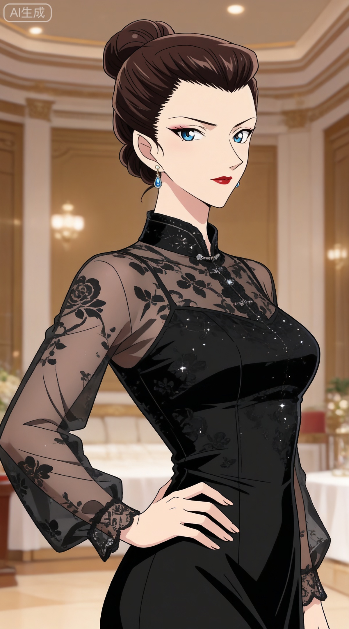 depth of field,masterpiece,best quality,very aesthetic,alternate costume,alternate costume,2024,2023,perfect composition,ultra-detailed,extreme aesthetic,masterpiece,best quality,good quality,newest,year 2024,year 2023,very aesthetic,absurdres,looking_at_viewer,colorful,,brown hair, blue eyes, makeup, lipstick, red lips, hair bun, single hair bun,mature_female,
1girl,solo,jewelry,earrings,see-through,dress,upper body,black dress,hand on own hip,breasts,see-through sleeves, 
