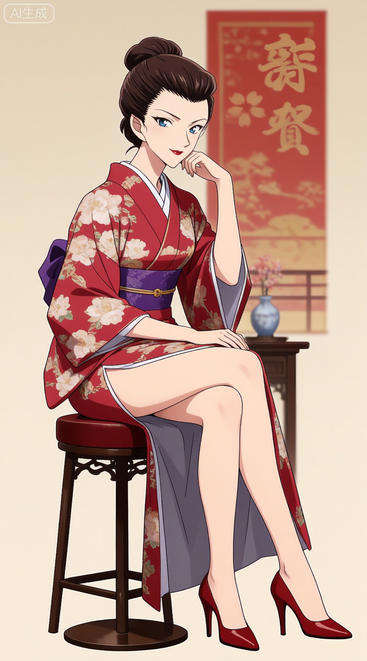 depth of field,masterpiece,best quality,very aesthetic,alternate costume,alternate costume,2024,2023,perfect composition,ultra-detailed,extreme aesthetic,masterpiece,best quality,good quality,newest,year 2024,year 2023,very aesthetic,absurdres,looking_at_viewer,colorful,,brown hair, blue eyes, makeup, lipstick, red lips, hair bun, single hair bun,mature_female,
1girl,solo,high heels,sitting,kimono,japanese clothes,crossed legs,sash,purple sash,full body,smile,looking at viewer,hand on own face,floral print,obi,stool,head rest,simple background,legs,cover,jewelry,floating hair,
