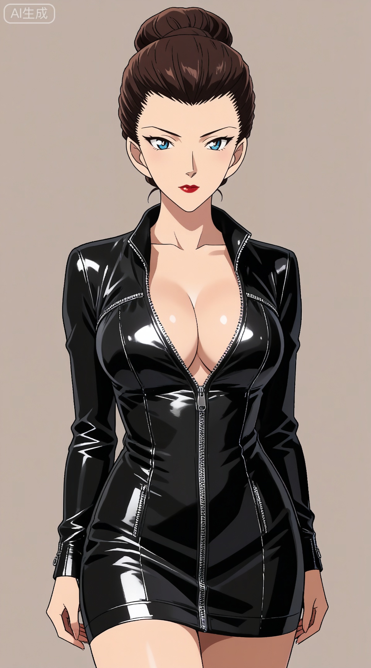 depth of field,masterpiece,best quality,very aesthetic,alternate costume,alternate costume,2024,2023,perfect composition,ultra-detailed,extreme aesthetic,masterpiece,best quality,good quality,newest,year 2024,year 2023,very aesthetic,absurdres,looking_at_viewer,colorful,,brown hair, blue eyes, makeup, lipstick, red lips, hair bun, single hair bun,mature_female,
1girl,solo,breasts,cleavage,dress,large breasts,black dress,cowboy shot,partially unzipped,short dress,zipper,looking at viewer,long sleeves,simple background,arms at sides,
