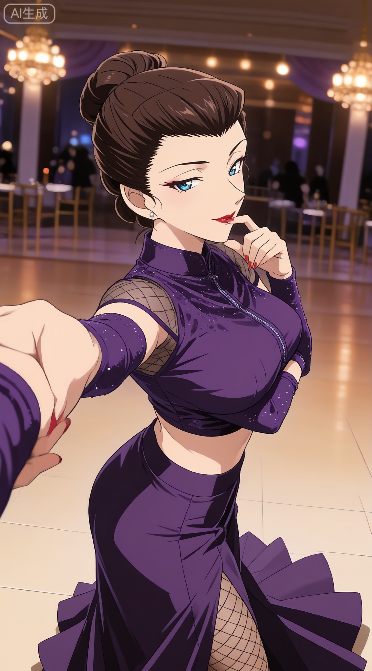 depth of field,masterpiece,best quality,very aesthetic,alternate costume,alternate costume,2024,2023,perfect composition,ultra-detailed,extreme aesthetic,masterpiece,best quality,good quality,newest,year 2024,year 2023,very aesthetic,absurdres,looking_at_viewer,colorful,,brown hair, blue eyes, makeup, lipstick, red lips, hair bun, single hair bun,mature_female,
from side,dancing,from above,pov,finger to mouth,arm under breasts,dutch angle,perspective,large breasts,inoyamanakathelast,1girl,solo,looking at viewer,earrings,lipstick,crop top,elbow warmers,midriff,purple skirt,long skirt,fishnet pantyhose,half closed eyes,smile,
