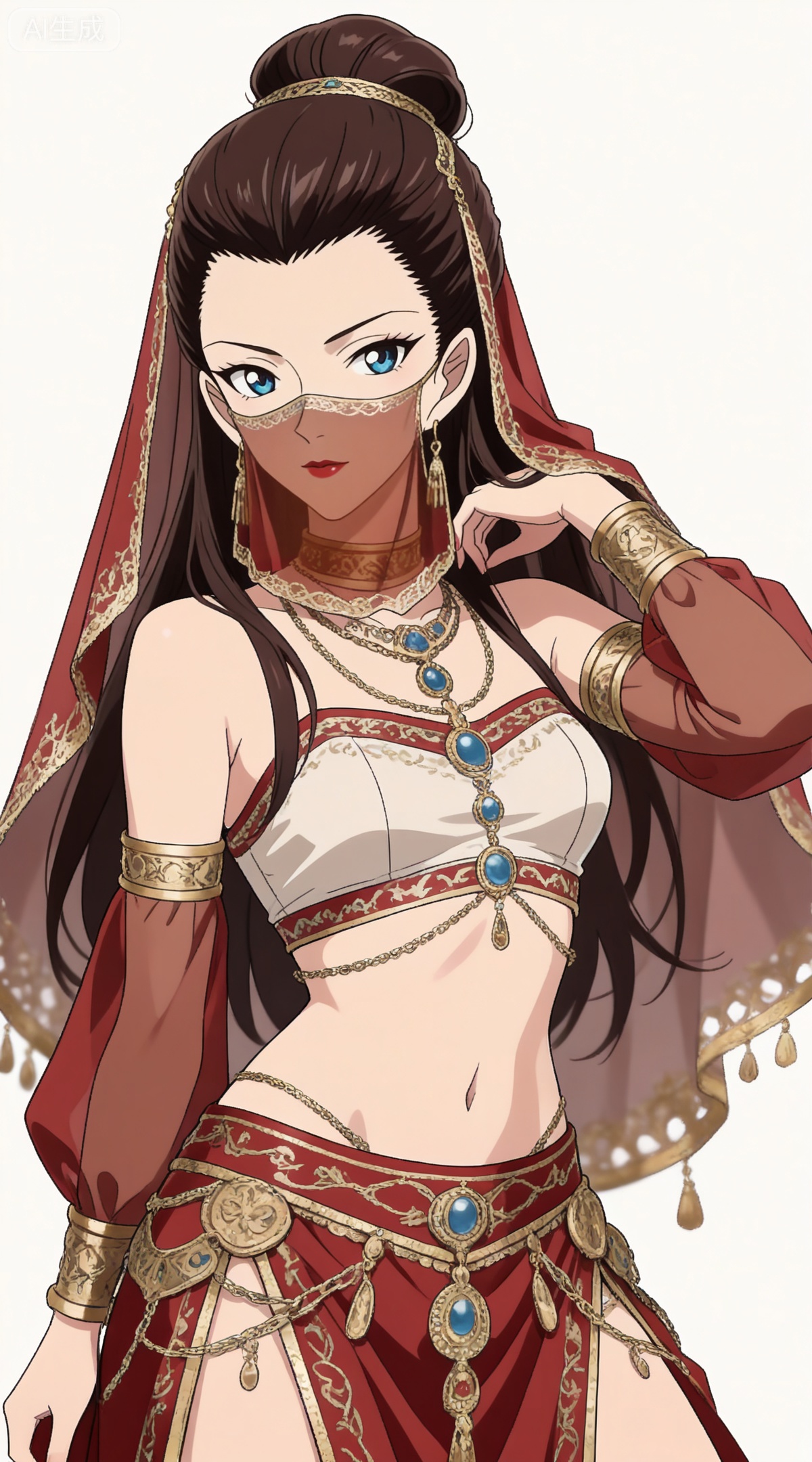 depth of field,masterpiece,best quality,very aesthetic,alternate costume,alternate costume,2024,2023,perfect composition,ultra-detailed,extreme aesthetic,masterpiece,best quality,good quality,newest,year 2024,year 2023,very aesthetic,absurdres,looking_at_viewer,colorful,,brown hair, blue eyes, makeup, lipstick, red lips, hair bun, single hair bun,mature_female,
1girl,solo,veil,long hair,chain,mouth veil,jewelry,looking at viewer,necklace,arabian clothes,crop_top,skirt,harem outfit,25,simple background,white_background,collar top,