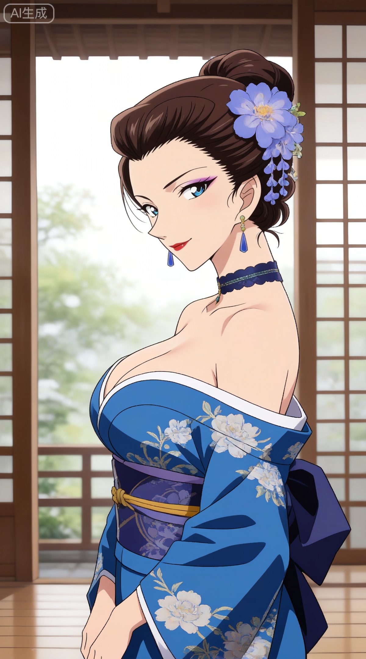 depth of field,masterpiece,best quality,very aesthetic,alternate costume,alternate costume,2024,2023,perfect composition,ultra-detailed,extreme aesthetic,masterpiece,best quality,good quality,newest,year 2024,year 2023,very aesthetic,absurdres,looking_at_viewer,colorful,,brown hair, blue eyes, makeup, lipstick, red lips, hair bun, single hair bun,mature_female,
1girl,breasts,solo,japanese clothes,hair ornament,kimono,flower,hair flower,sash,blue kimono,large breasts,choker,looking at viewer,cleavage,bare shoulders,obi,off shoulder,earrings,smile,jewelry,floral print,closed mouth,makeup,from side,long sleeves,
