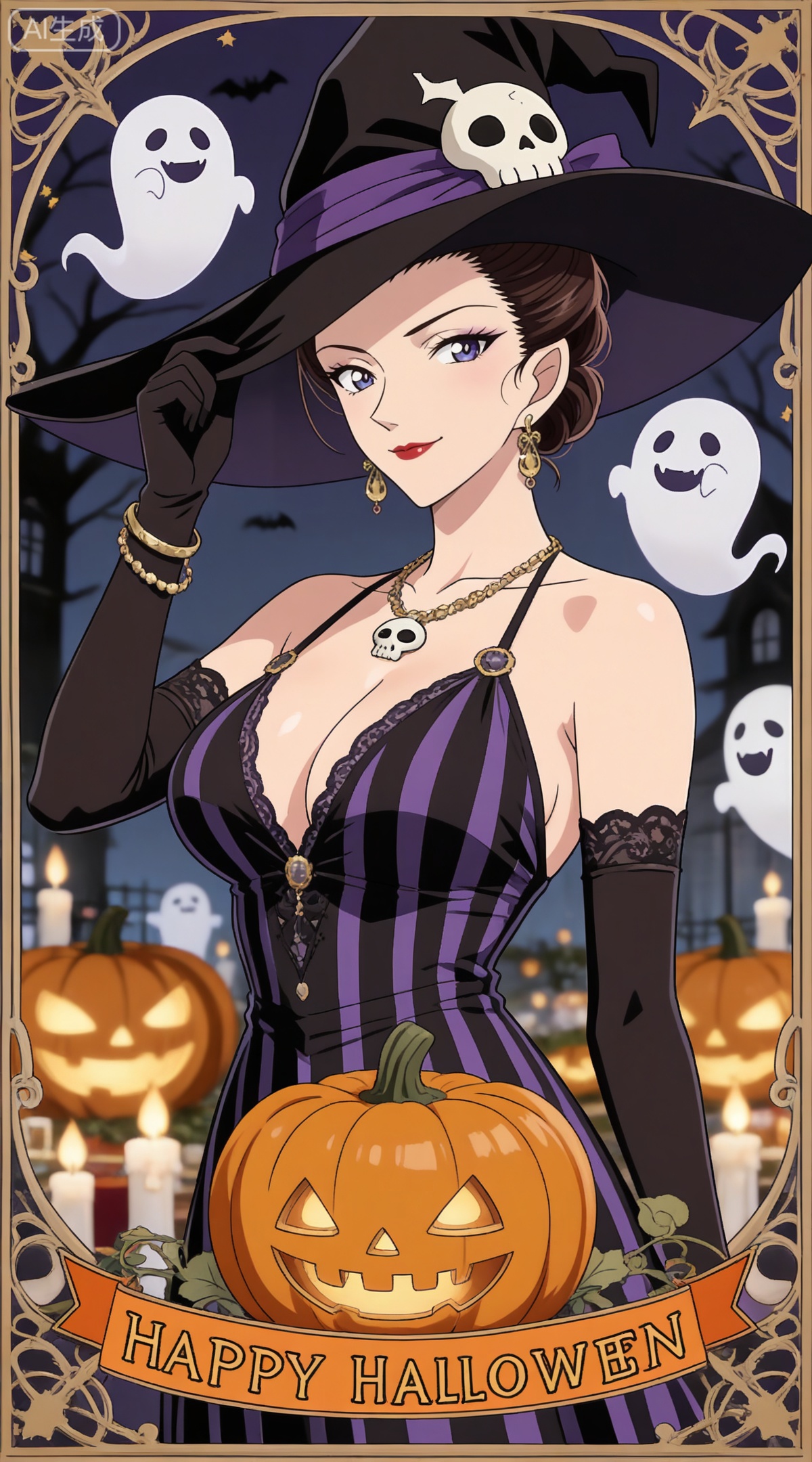 depth of field,masterpiece,best quality,very aesthetic,alternate costume,alternate costume,2024,2023,perfect composition,ultra-detailed,extreme aesthetic,masterpiece,best quality,good quality,newest,year 2024,year 2023,very aesthetic,absurdres,looking_at_viewer,colorful,,brown hair, blue eyes, makeup, lipstick, red lips, hair bun, single hair bun,mature_female,
1girl,witch hat,gloves,jewelry,hat,breasts,solo,jack-o'-lantern,dress,halloween,earrings,ghost,black gloves,necklace,looking at viewer,black dress,pumpkin,smile,black headwear,sleeveless,elbow gloves,happy halloween,sleeveless dress,striped dress,bracelet,purple eyes,border,skull,upper body,halloween costume,witch,striped clothes,hand on headwear,large breasts,closed mouth,bare shoulders,
