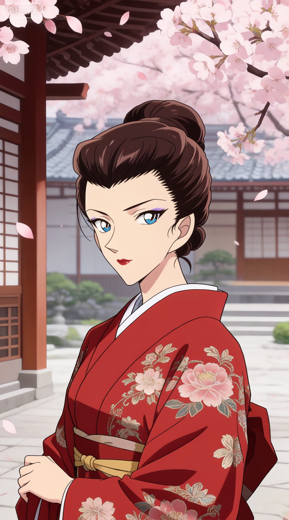 depth of field,masterpiece,best quality,very aesthetic,alternate costume,alternate costume,2024,2023,perfect composition,ultra-detailed,extreme aesthetic,masterpiece,best quality,good quality,newest,year 2024,year 2023,very aesthetic,absurdres,looking_at_viewer,colorful,,brown hair,blue eyes,1girl,
japanese clothes,kimono,red lips,solo,makeup,lipstick,cherry blossoms,red kimono,petals,anime coloring,upper body,floral print,east asian architecture,architecture,looking at viewer,outdoors,sash,hair bun,official style,tree,retro artstyle,eyeshadow,style parody,