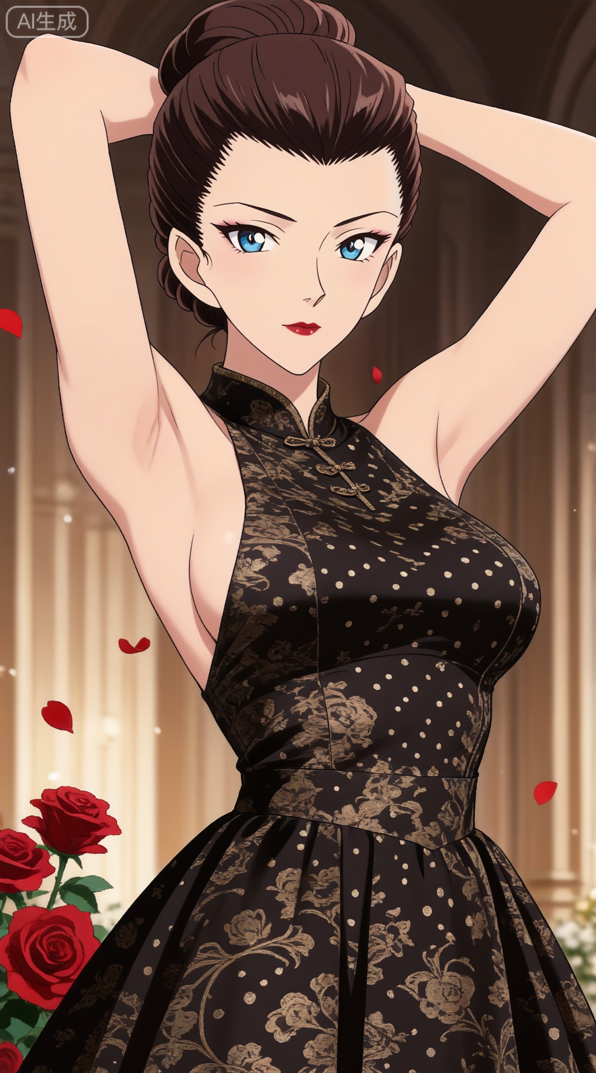 depth of field,masterpiece,best quality,very aesthetic,alternate costume,alternate costume,2024,2023,perfect composition,ultra-detailed,extreme aesthetic,masterpiece,best quality,good quality,newest,year 2024,year 2023,very aesthetic,absurdres,looking_at_viewer,colorful,,brown hair, blue eyes, makeup, lipstick, red lips, hair bun, single hair bun,
1girl, breasts, solo, polka dot, flower, dress, rose, polka dot dress, large breasts, red flower, armpits, petals, red rose, arms up, sideboob, sleeveless, frills, rose petals,
