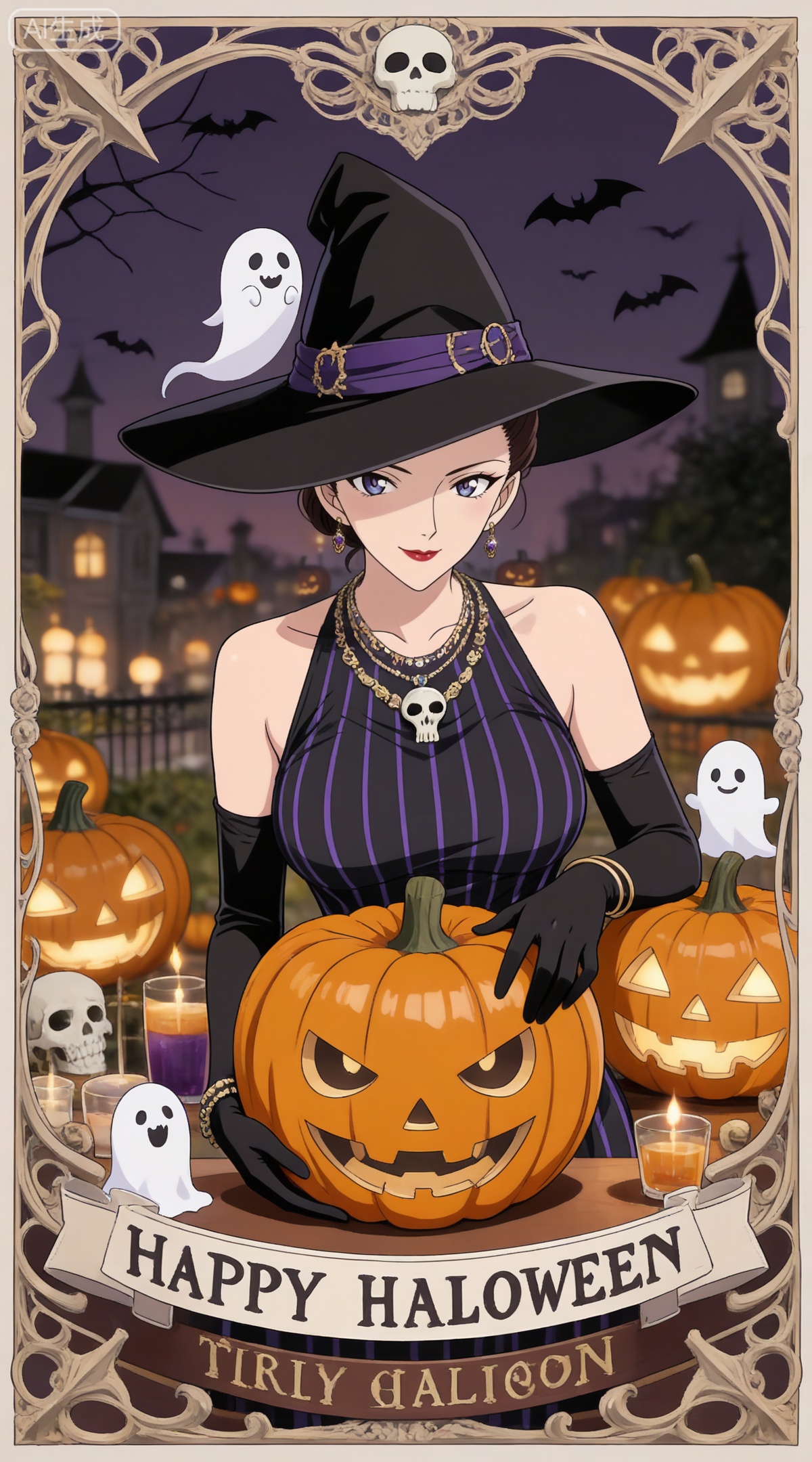 depth of field,masterpiece,best quality,very aesthetic,alternate costume,alternate costume,2024,2023,perfect composition,ultra-detailed,extreme aesthetic,masterpiece,best quality,good quality,newest,year 2024,year 2023,very aesthetic,absurdres,looking_at_viewer,colorful,,brown hair, blue eyes, makeup, lipstick, red lips, hair bun, single hair bun,mature_female,
1girl,witch hat,gloves,jewelry,hat,breasts,solo,jack-o'-lantern,dress,halloween,earrings,ghost,black gloves,necklace,looking at viewer,black dress,pumpkin,smile,black headwear,sleeveless,elbow gloves,happy halloween,sleeveless dress,striped dress,bracelet,purple eyes,border,skull,upper body,halloween costume,witch,striped clothes,hand on headwear,large breasts,closed mouth,bare shoulders,
