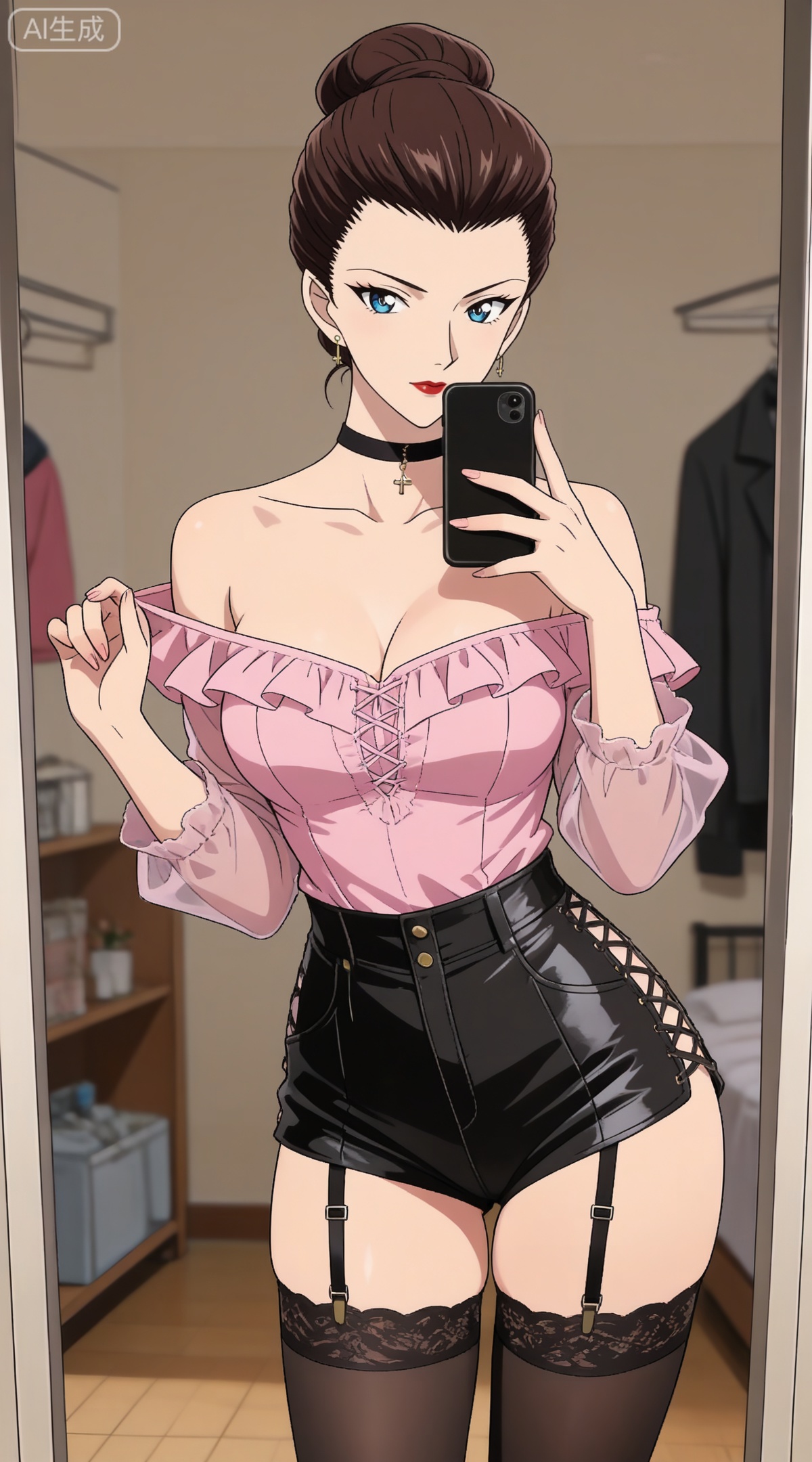 depth of field,masterpiece,best quality,very aesthetic,alternate costume,alternate costume,2024,2023,perfect composition,ultra-detailed,extreme aesthetic,masterpiece,best quality,good quality,newest,year 2024,year 2023,very aesthetic,absurdres,looking_at_viewer,colorful,,brown hair, blue eyes, makeup, lipstick, red lips, hair bun, single hair bun,mature_female,
1girl,breasts,jewelry,phone,earrings,thighhighs,choker,solo,cleavage,cellphone,black choker,holding phone,bare shoulders,holding,smartphone,shirt,garter straps,black thighhighs,off-shoulder shirt,leotard,frills,selfie,collarbone,off shoulder,pink shirt,long sleeves,cross-laced clothes,standing,clothes hanger,closed mouth,cowboy shot,high-waist shorts,thighs,indoors,large breasts,see-through,shorts,medium breasts,
