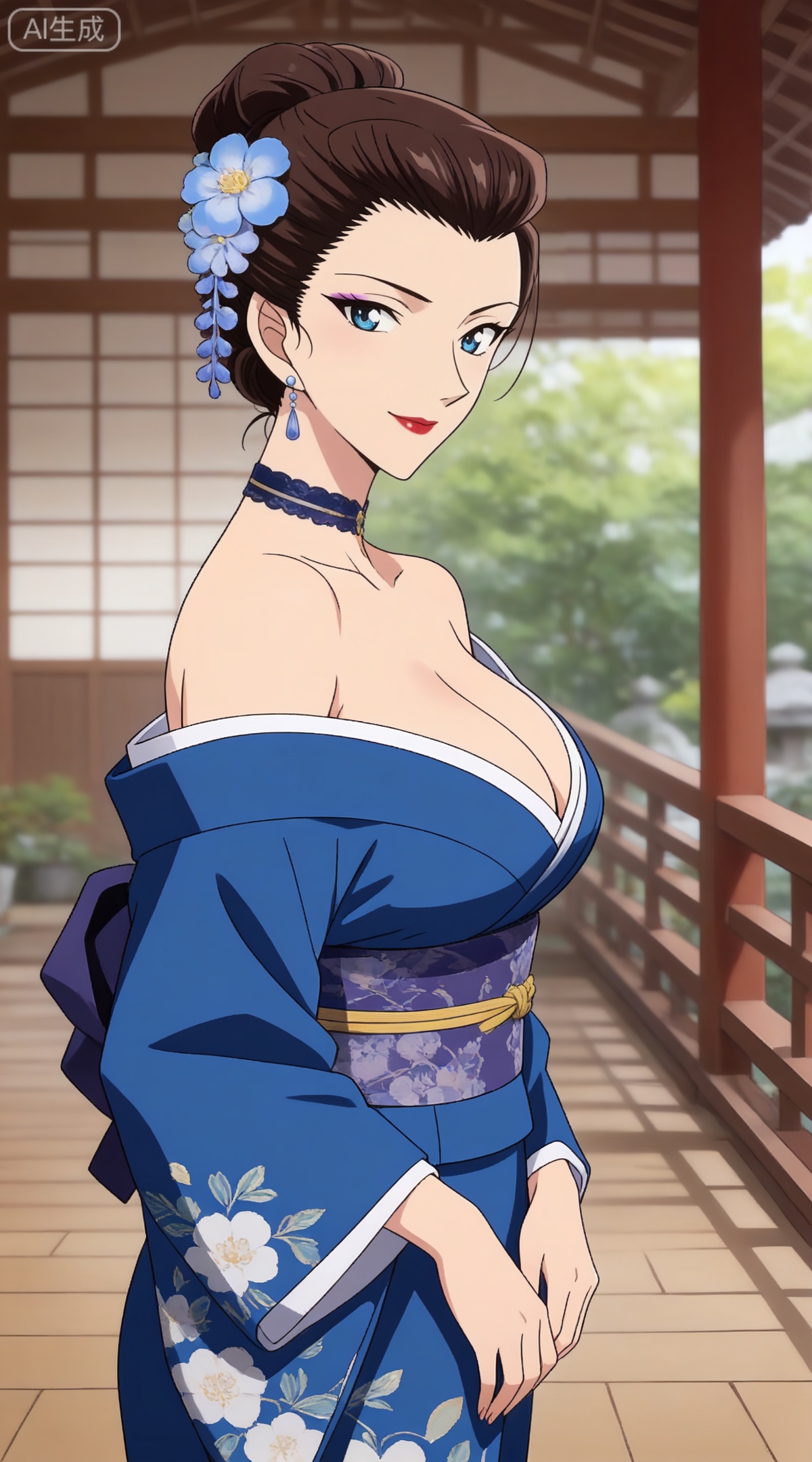 depth of field,masterpiece,best quality,very aesthetic,alternate costume,alternate costume,2024,2023,perfect composition,ultra-detailed,extreme aesthetic,masterpiece,best quality,good quality,newest,year 2024,year 2023,very aesthetic,absurdres,looking_at_viewer,colorful,,brown hair, blue eyes, makeup, lipstick, red lips, hair bun, single hair bun,mature_female,
1girl,breasts,solo,japanese clothes,hair ornament,kimono,flower,hair flower,sash,blue kimono,large breasts,choker,looking at viewer,cleavage,bare shoulders,obi,off shoulder,earrings,smile,jewelry,floral print,closed mouth,makeup,from side,long sleeves,
