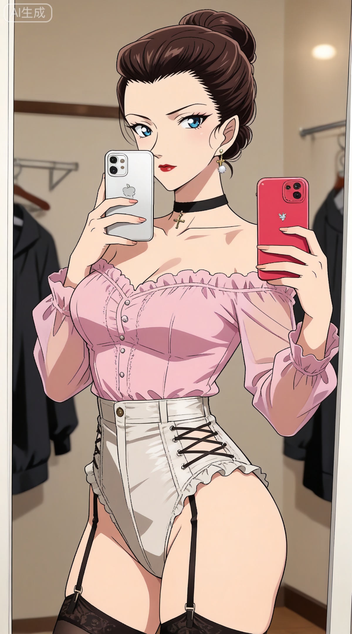 depth of field,masterpiece,best quality,very aesthetic,alternate costume,alternate costume,2024,2023,perfect composition,ultra-detailed,extreme aesthetic,masterpiece,best quality,good quality,newest,year 2024,year 2023,very aesthetic,absurdres,looking_at_viewer,colorful,,brown hair, blue eyes, makeup, lipstick, red lips, hair bun, single hair bun,mature_female,
1girl,breasts,jewelry,phone,earrings,thighhighs,choker,solo,cleavage,cellphone,black choker,holding phone,bare shoulders,holding,smartphone,shirt,garter straps,black thighhighs,off-shoulder shirt,leotard,frills,selfie,collarbone,off shoulder,pink shirt,long sleeves,cross-laced clothes,standing,clothes hanger,closed mouth,cowboy shot,high-waist shorts,thighs,indoors,large breasts,see-through,shorts,medium breasts,
