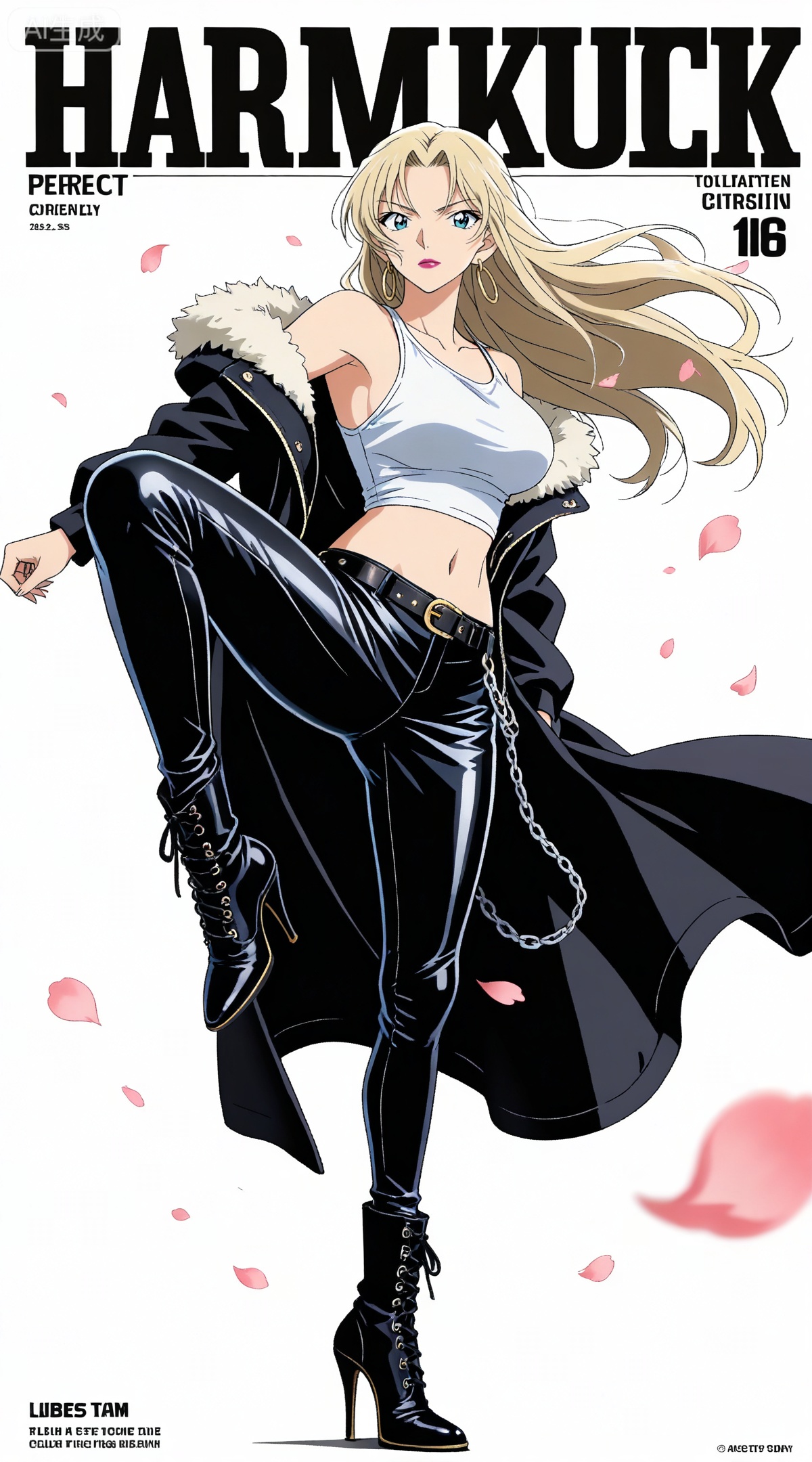 depth of field,masterpiece,best quality,very aesthetic,alternate costume,alternate costume,2024,2023,perfect composition,ultra-detailed,extreme aesthetic,masterpiece,best quality,good quality,newest,year 2024,year 2023,very aesthetic,absurdres,looking_at_viewer,colorful,
blonde hair,long hair,blue eyes,lipstick,makeup,large breasts,
1girl,solo,breasts,jewelry,earrings,pants,fur trim,boots,jacket,midriff,full body,high heels,crop top,belt,leather,black pants,large breasts,standing,kicking,leather pants,navel,legs,high_kick,long legs,looking at viewer,character name,**** top,english text,copyright name,black footwear,off shoulder,hoop earrings,black jacket,coat,fur-trimmed jacket,chain,high heel boots,white_background,simple background,flower,english text,cover,wind,floating hair,floating petals,(from_side:1.1),
