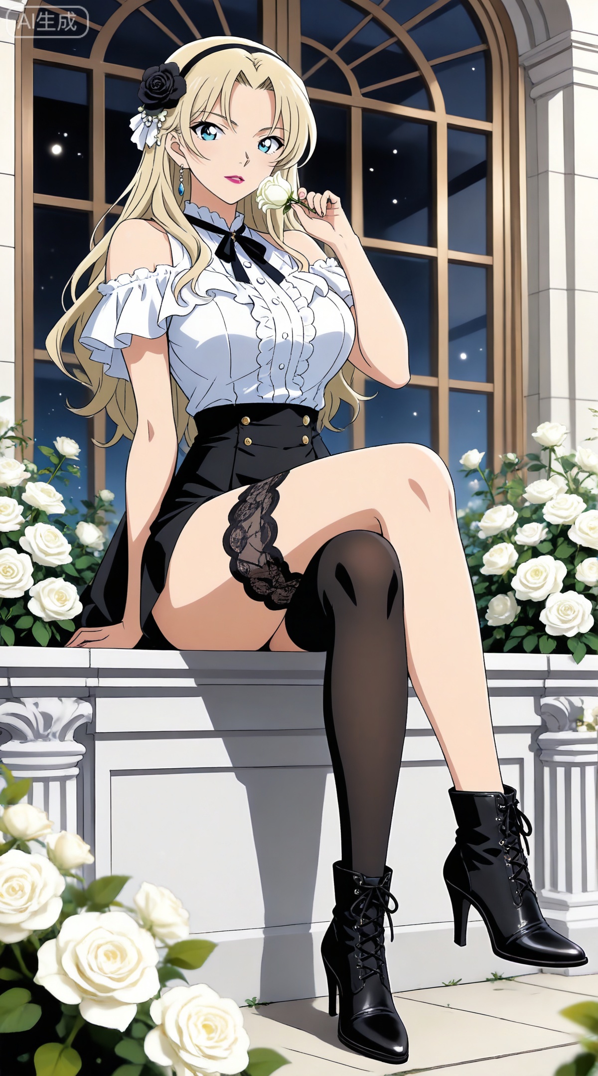depth of field,masterpiece,best quality,very aesthetic,alternate costume,alternate costume,2024,2023,perfect composition,ultra-detailed,extreme aesthetic,masterpiece,best quality,good quality,newest,year 2024,year 2023,very aesthetic,absurdres,looking_at_viewer,colorful,
blonde hair,long hair,blue eyes,lipstick,makeup,large breasts,
1girl,flower,solo,breasts,thighhighs,hair flower,high heels,boots,sitting,rose,white flower,window,hair ornament,holding flower,black footwear,black thighhighs,high heel boots,single thighhigh,shirt,holding,white rose,looking at viewer,hairband,white shirt,frills,full body,black flower,
