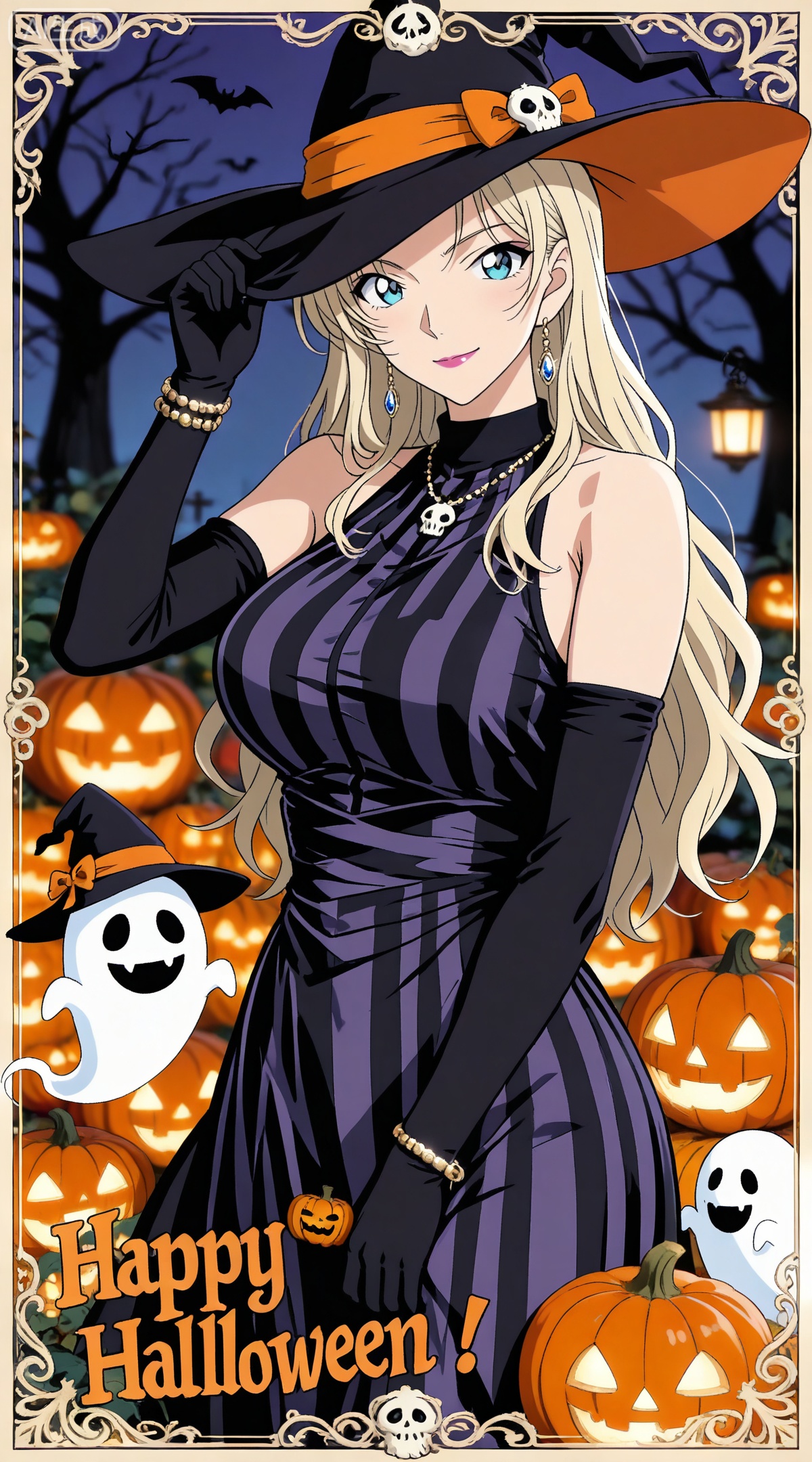 depth of field,masterpiece,best quality,very aesthetic,alternate costume,alternate costume,2024,2023,perfect composition,ultra-detailed,extreme aesthetic,masterpiece,best quality,good quality,newest,year 2024,year 2023,very aesthetic,absurdres,looking_at_viewer,colorful,
blonde hair,long hair,blue eyes,lipstick,makeup,large breasts,
1girl,witch hat,gloves,jewelry,hat,breasts,solo,jack-o'-lantern,dress,halloween,earrings,ghost,black gloves,necklace,looking at viewer,black dress,pumpkin,smile,black headwear,sleeveless,elbow gloves,happy halloween,sleeveless dress,striped dress,bracelet,border,skull,upper body,halloween costume,witch,striped clothes,hand on headwear,large breasts,closed mouth,bare shoulders,