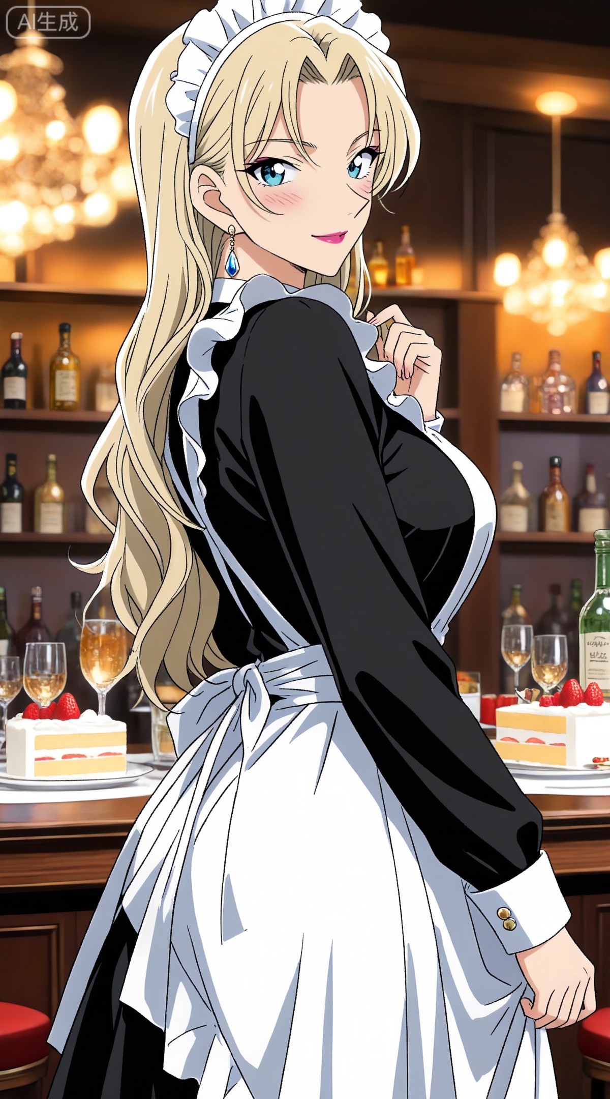 depth of field,masterpiece,best quality,very aesthetic,alternate costume,alternate costume,2024,2023,perfect composition,ultra-detailed,extreme aesthetic,masterpiece,best quality,good quality,newest,year 2024,year 2023,very aesthetic,absurdres,looking_at_viewer,colorful,
blonde hair,long hair,blue eyes,lipstick,makeup,large breasts,
1girl,jewelry,earrings,solo,maid,maid headdress,cake,apron,food,enmaided,smile,breasts,maid apron,looking at viewer,dress,large breasts,bottle,blue eyes,black dress,cup,white apron,blush,9,