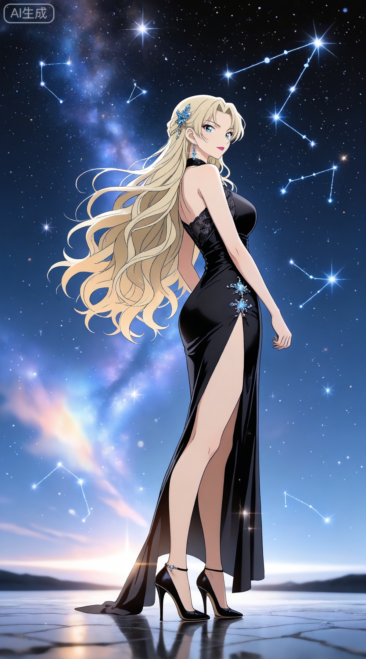 depth of field,masterpiece,best quality,very aesthetic,alternate costume,alternate costume,2024,2023,perfect composition,ultra-detailed,extreme aesthetic,masterpiece,best quality,good quality,newest,year 2024,year 2023,very aesthetic,absurdres,looking_at_viewer,colorful,
blonde hair,long hair,blue eyes,lipstick,makeup,large breasts,
lvjing,1girl,long hair,solo,dress,very long hair,wavy hair,hair ornament,full body,jewelry,black dress,bare shoulders,star \(sky\),standing,constellation,side slit,high heels,40
