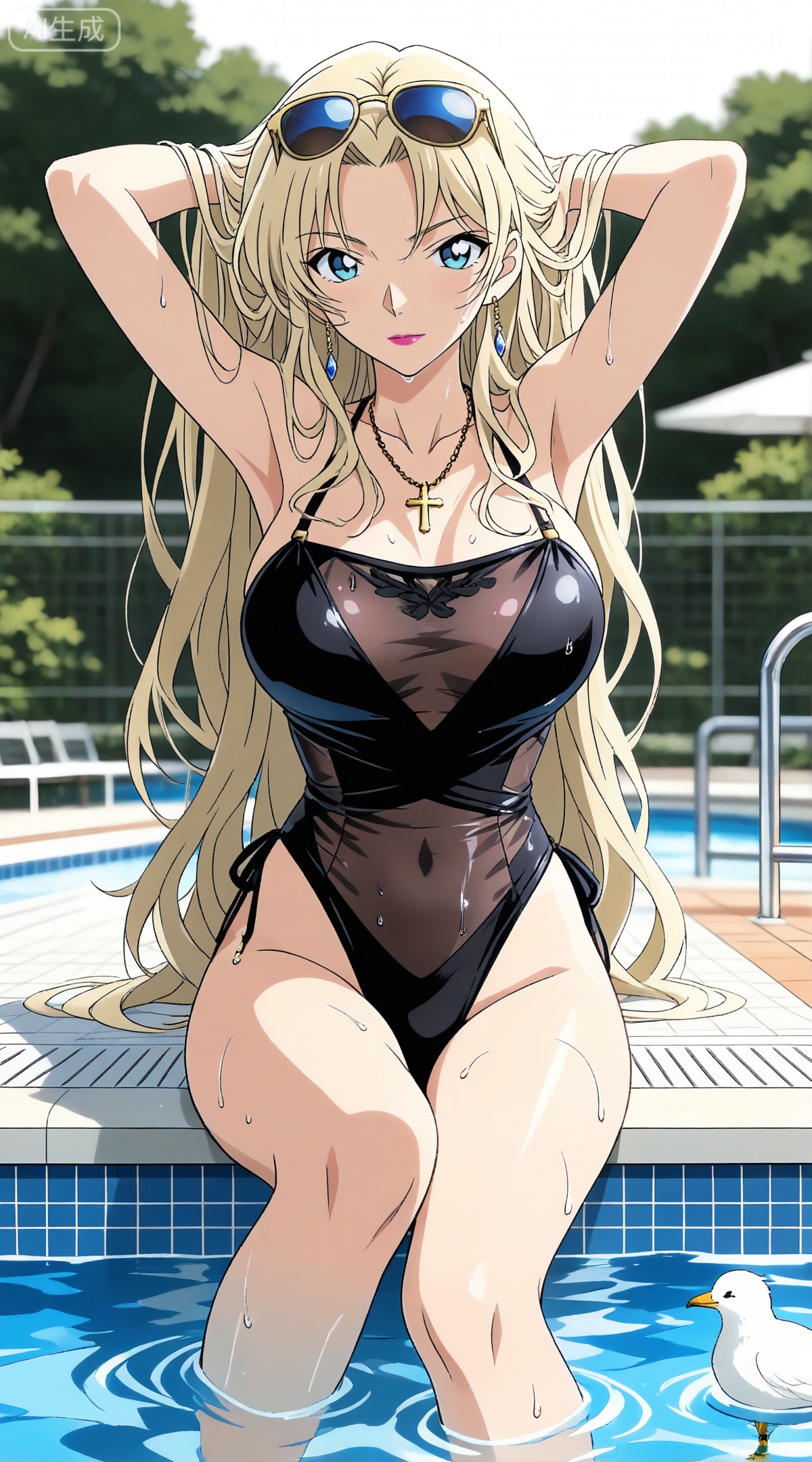 depth of field,masterpiece,best quality,very aesthetic,alternate costume,alternate costume,2024,2023,perfect composition,ultra-detailed,extreme aesthetic,masterpiece,best quality,good quality,newest,year 2024,year 2023,very aesthetic,absurdres,looking_at_viewer,colorful,
blonde hair,long hair,blue eyes,lipstick,makeup,large breasts,
1girl,breasts,swimsuit,one-piece swimsuit,official alternate costume,eyewear on head,solo,black one-piece swimsuit,looking at viewer,large breasts,very long hair,sitting,sunglasses,wet,see-through,bird,pool,water,thighs,cross,strapless one-piece swimsuit,highleg swimsuit,jewelry,soaking feet,tying hair,adjusting hair,arms up,transparent background,pool ladder,hand in own hair,hands in hair,arms behind head,poolside,casual one-piece swimsuit,wet clothes,earrings,highleg,white background,towel,full body,hair lift,sidelocks,necklace,21
