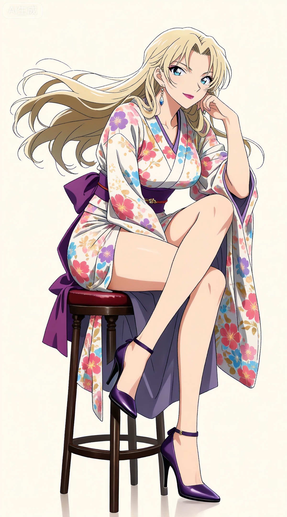 depth of field,masterpiece,best quality,very aesthetic,alternate costume,alternate costume,2024,2023,perfect composition,ultra-detailed,extreme aesthetic,masterpiece,best quality,good quality,newest,year 2024,year 2023,very aesthetic,absurdres,looking_at_viewer,colorful,
blonde hair,long hair,blue eyes,lipstick,makeup,large breasts,
1girl,solo,high heels,sitting,kimono,japanese clothes,crossed legs,sash,purple sash,full body,smile,looking at viewer,hand on own face,floral print,obi,stool,head rest,simple background,legs,cover,jewelry,floating hair,
