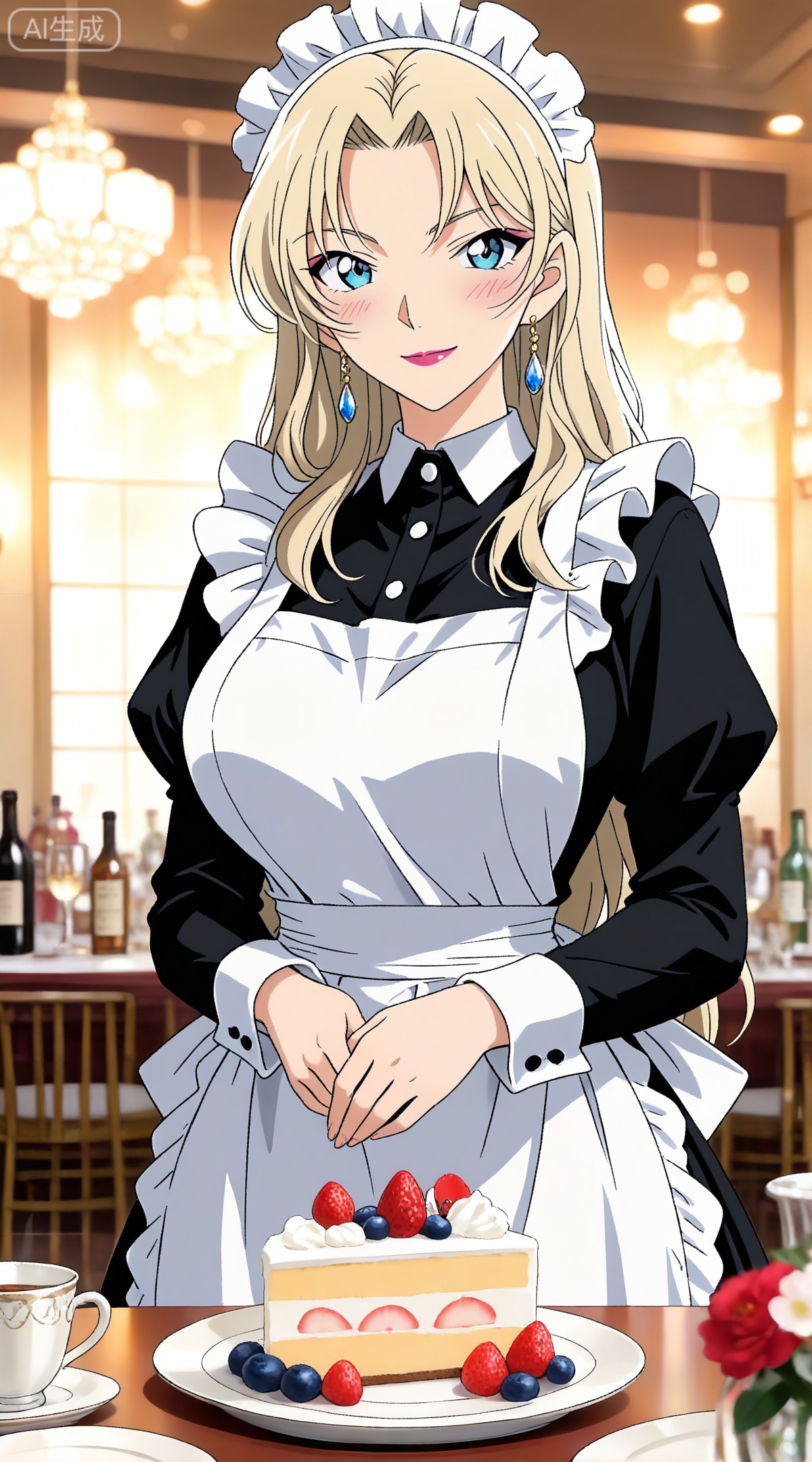 depth of field,masterpiece,best quality,very aesthetic,alternate costume,alternate costume,2024,2023,perfect composition,ultra-detailed,extreme aesthetic,masterpiece,best quality,good quality,newest,year 2024,year 2023,very aesthetic,absurdres,looking_at_viewer,colorful,
blonde hair,long hair,blue eyes,lipstick,makeup,large breasts,
1girl,jewelry,earrings,solo,maid,maid headdress,cake,apron,food,enmaided,smile,breasts,maid apron,looking at viewer,dress,large breasts,bottle,blue eyes,black dress,cup,white apron,blush,9,