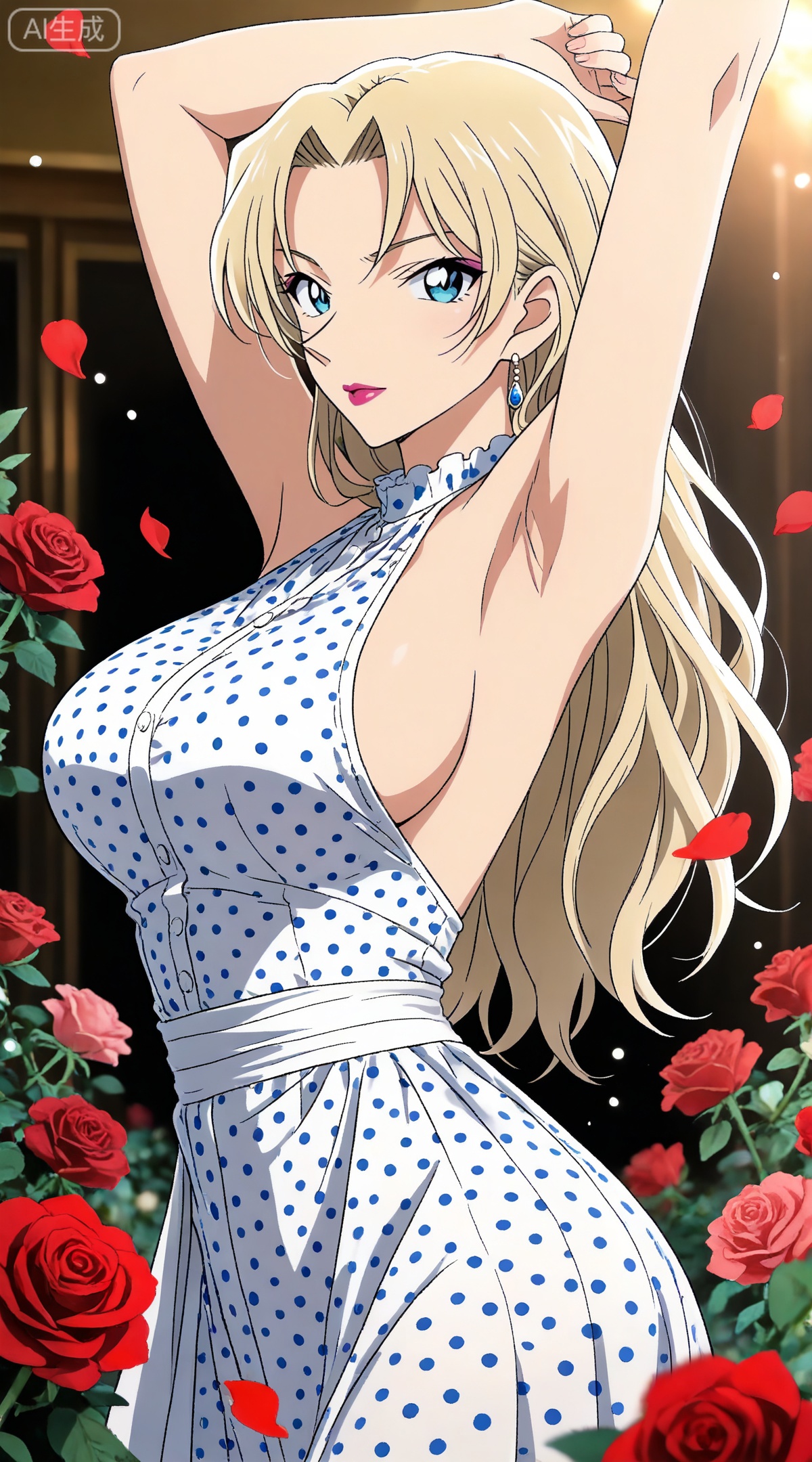 depth of field,masterpiece,best quality,very aesthetic,alternate costume,alternate costume,2024,2023,perfect composition,ultra-detailed,extreme aesthetic,masterpiece,best quality,good quality,newest,year 2024,year 2023,very aesthetic,absurdres,looking_at_viewer,colorful,
blonde hair,long hair,blue eyes,lipstick,makeup,large breasts,
1girl, breasts, solo, polka dot, flower, dress, rose, polka dot dress, large breasts, red flower, armpits, petals, red rose, arms up, sideboob, sleeveless, frills, rose petals,
