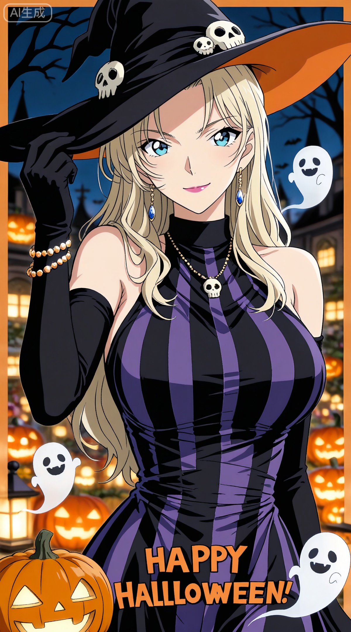 depth of field,masterpiece,best quality,very aesthetic,alternate costume,alternate costume,2024,2023,perfect composition,ultra-detailed,extreme aesthetic,masterpiece,best quality,good quality,newest,year 2024,year 2023,very aesthetic,absurdres,looking_at_viewer,colorful,
blonde hair,long hair,blue eyes,lipstick,makeup,large breasts,
1girl,witch hat,gloves,jewelry,hat,breasts,solo,jack-o'-lantern,dress,halloween,earrings,ghost,black gloves,necklace,looking at viewer,black dress,pumpkin,smile,black headwear,sleeveless,elbow gloves,happy halloween,sleeveless dress,striped dress,bracelet,border,skull,upper body,halloween costume,witch,striped clothes,hand on headwear,large breasts,closed mouth,bare shoulders,