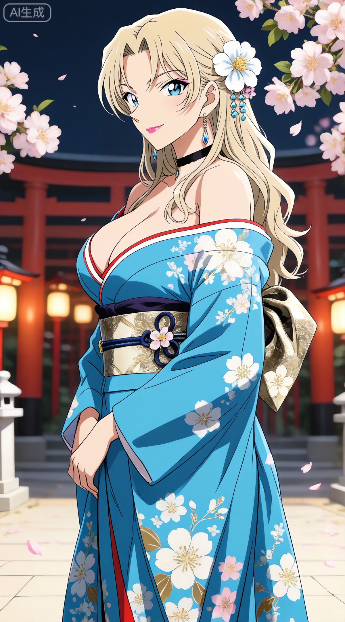 depth of field,masterpiece,best quality,very aesthetic,alternate costume,alternate costume,2024,2023,perfect composition,ultra-detailed,extreme aesthetic,masterpiece,best quality,good quality,newest,year 2024,year 2023,very aesthetic,absurdres,looking_at_viewer,colorful,
blonde hair,long hair,blue eyes,lipstick,makeup,large breasts,
1girl,breasts,solo,japanese clothes,hair ornament,kimono,flower,hair flower,sash,blue kimono,large breasts,choker,looking at viewer,cleavage,bare shoulders,obi,off shoulder,earrings,smile,jewelry,floral print,closed mouth,makeup,from side,long sleeves,
