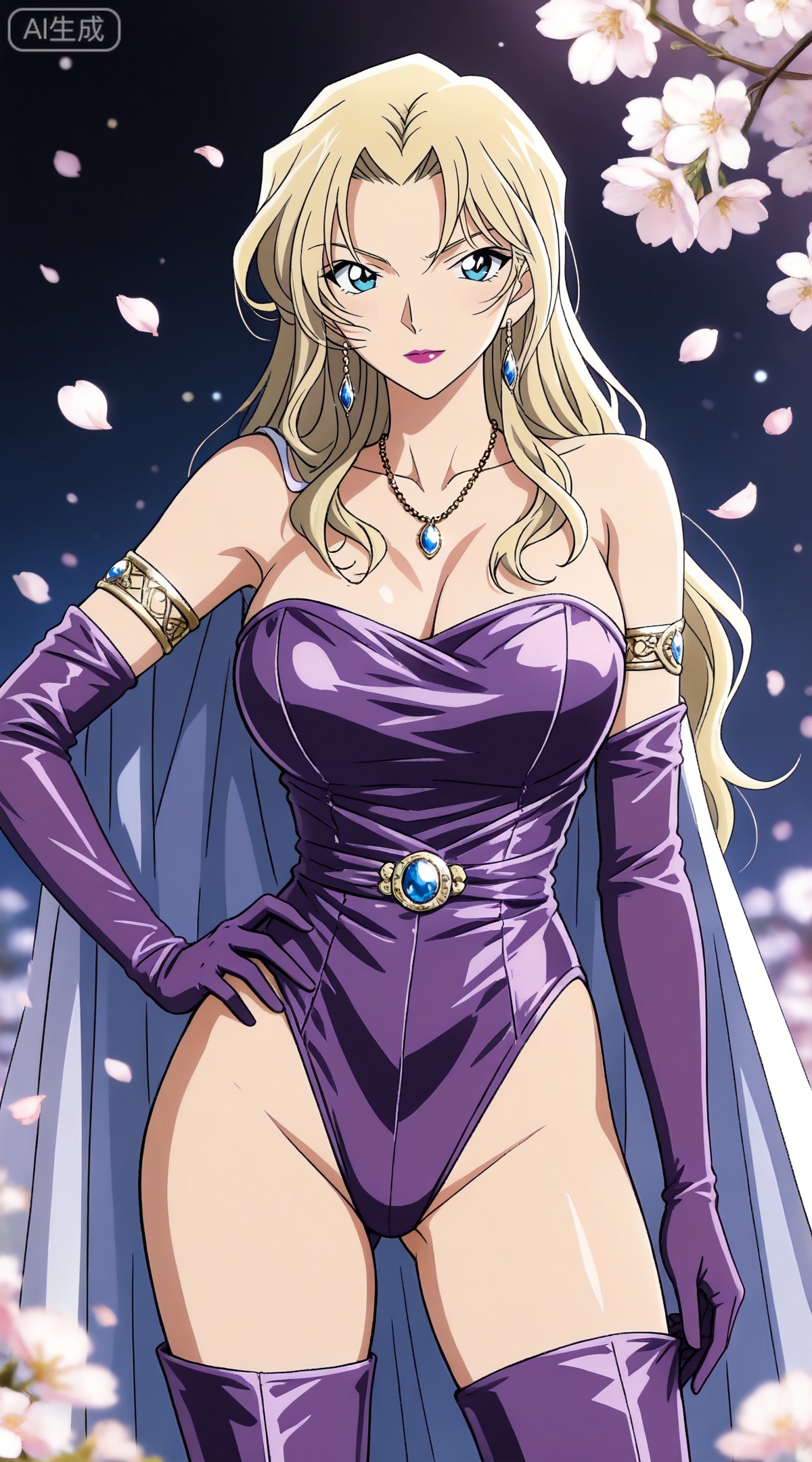 depth of field,masterpiece,best quality,very aesthetic,alternate costume,alternate costume,2024,2023,perfect composition,ultra-detailed,extreme aesthetic,masterpiece,best quality,good quality,newest,year 2024,year 2023,very aesthetic,absurdres,looking_at_viewer,colorful,
blonde hair,long hair,blue eyes,lipstick,makeup,large breasts,
1girl,breasts,jewelry,earrings,solo,gloves,thigh boots,boots,large breasts,elbow gloves,cleavage,cape,thighhighs,hand on own hip,petals,high heels,leotard,armlet,blue eyes,purple gloves,purple footwear,necklace,bare shoulders,102,