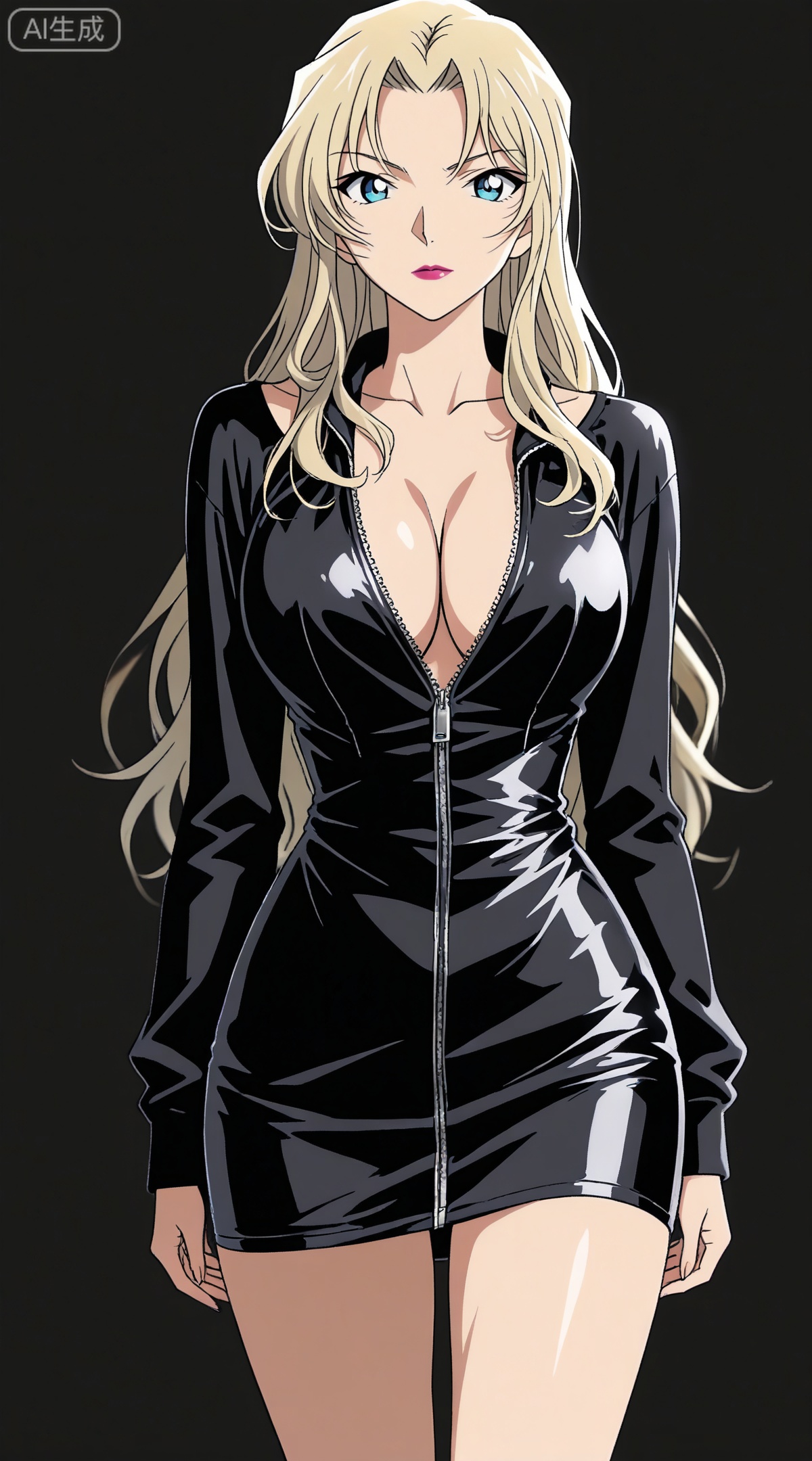 depth of field,masterpiece,best quality,very aesthetic,alternate costume,alternate costume,2024,2023,perfect composition,ultra-detailed,extreme aesthetic,masterpiece,best quality,good quality,newest,year 2024,year 2023,very aesthetic,absurdres,looking_at_viewer,colorful,
blonde hair,long hair,blue eyes,lipstick,makeup,large breasts,
1girl,solo,breasts,cleavage,dress,large breasts,black dress,cowboy shot,partially unzipped,short dress,zipper,looking at viewer,long sleeves,simple background,arms at sides,
