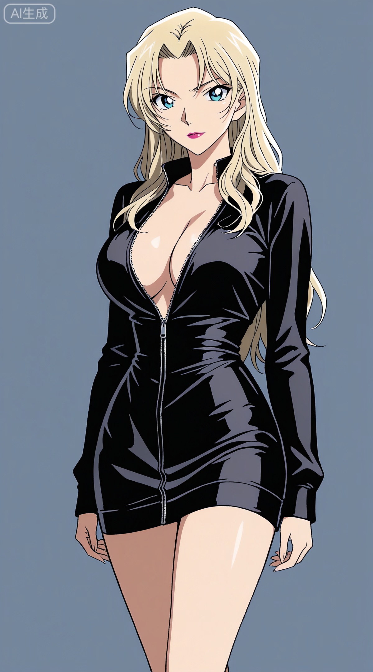 depth of field,masterpiece,best quality,very aesthetic,alternate costume,alternate costume,2024,2023,perfect composition,ultra-detailed,extreme aesthetic,masterpiece,best quality,good quality,newest,year 2024,year 2023,very aesthetic,absurdres,looking_at_viewer,colorful,
blonde hair,long hair,blue eyes,lipstick,makeup,large breasts,
1girl,solo,breasts,cleavage,dress,large breasts,black dress,cowboy shot,partially unzipped,short dress,zipper,looking at viewer,long sleeves,simple background,arms at sides,
