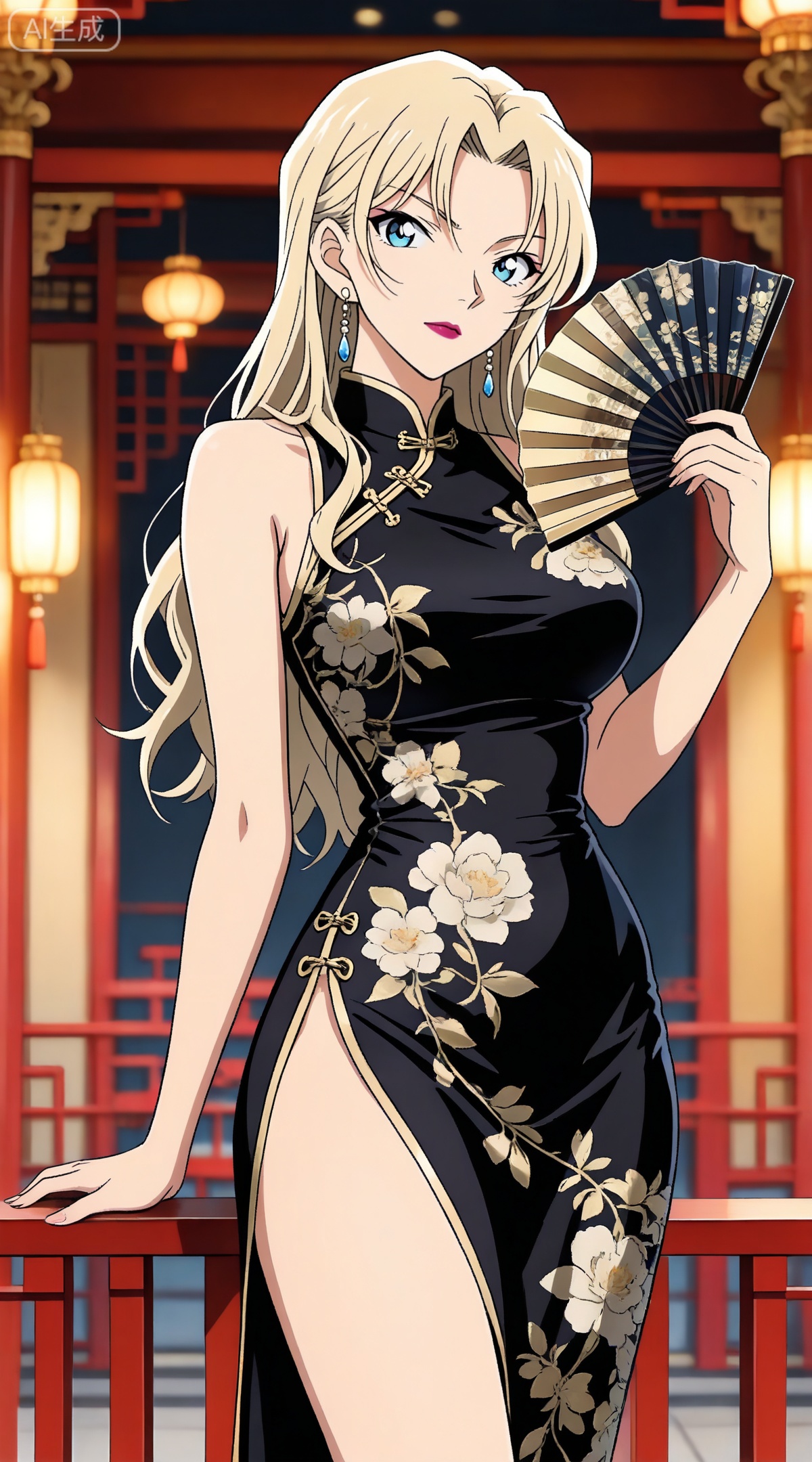 depth of field,masterpiece,best quality,very aesthetic,alternate costume,alternate costume,2024,2023,perfect composition,ultra-detailed,extreme aesthetic,masterpiece,best quality,good quality,newest,year 2024,year 2023,very aesthetic,absurdres,looking_at_viewer,colorful,
blonde hair,long hair,blue eyes,lipstick,makeup,large breasts,
1girl,dress,hand fan,holding,solo,earrings,jewelry,chinese clothes,china dress,black dress,holding fan,floral print,blurry,sleeveless,looking at viewer,sleeveless dress,folding fan,standing,head tilt,2,
