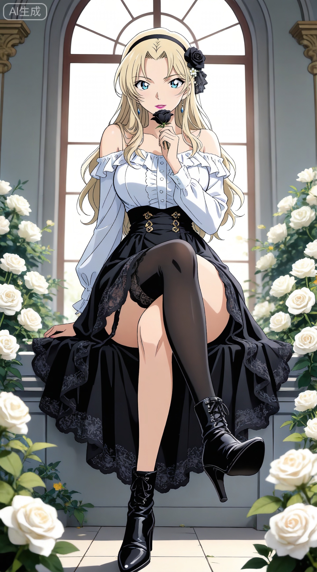 depth of field,masterpiece,best quality,very aesthetic,alternate costume,alternate costume,2024,2023,perfect composition,ultra-detailed,extreme aesthetic,masterpiece,best quality,good quality,newest,year 2024,year 2023,very aesthetic,absurdres,looking_at_viewer,colorful,
blonde hair,long hair,blue eyes,lipstick,makeup,large breasts,
1girl,flower,solo,breasts,thighhighs,hair flower,high heels,boots,sitting,rose,white flower,window,hair ornament,holding flower,black footwear,black thighhighs,high heel boots,single thighhigh,shirt,holding,white rose,looking at viewer,hairband,white shirt,frills,full body,black flower,
