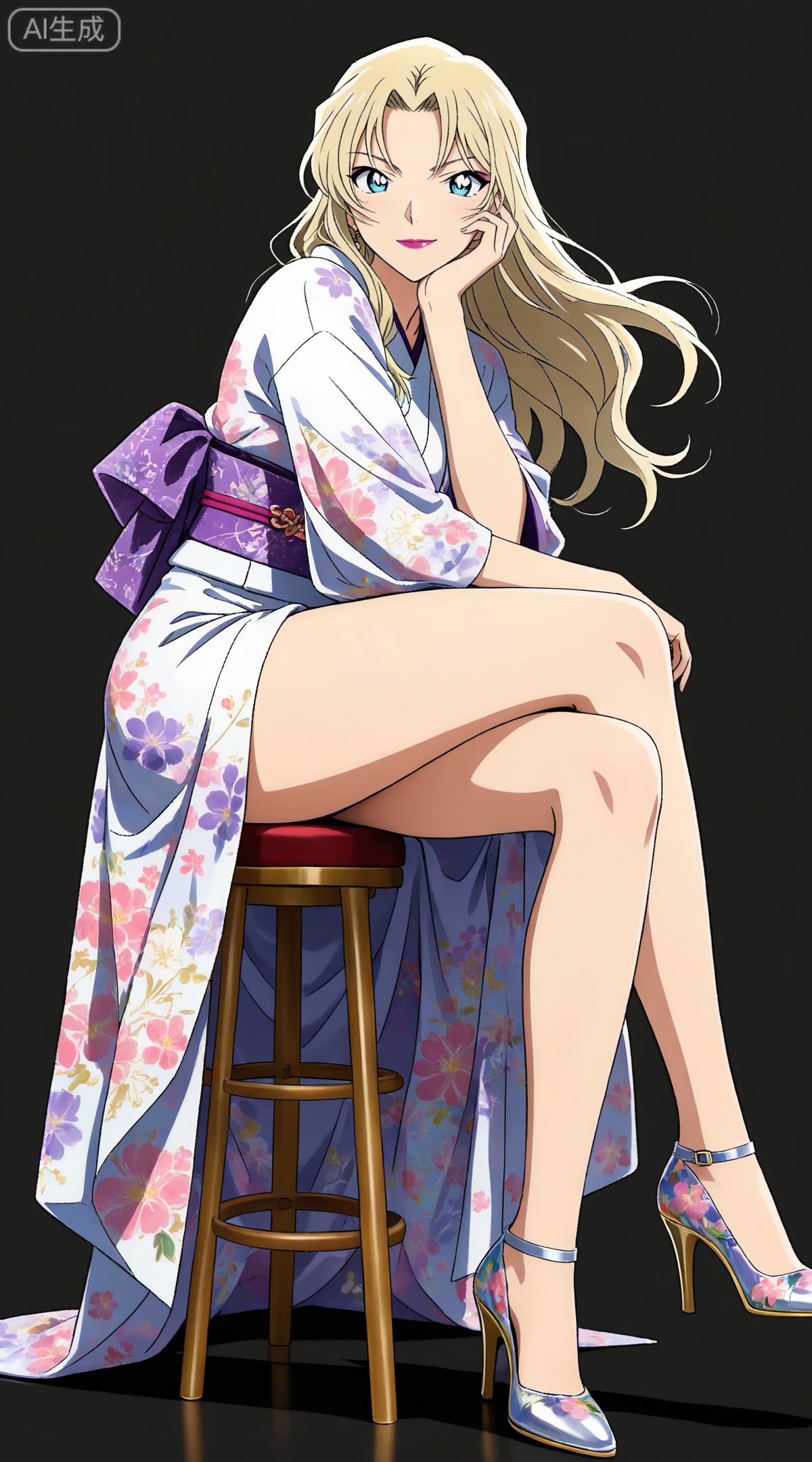 depth of field,masterpiece,best quality,very aesthetic,alternate costume,alternate costume,2024,2023,perfect composition,ultra-detailed,extreme aesthetic,masterpiece,best quality,good quality,newest,year 2024,year 2023,very aesthetic,absurdres,looking_at_viewer,colorful,
blonde hair,long hair,blue eyes,lipstick,makeup,large breasts,
1girl,solo,high heels,sitting,kimono,japanese clothes,crossed legs,sash,purple sash,full body,smile,looking at viewer,hand on own face,floral print,obi,stool,head rest,simple background,legs,cover,jewelry,floating hair,
