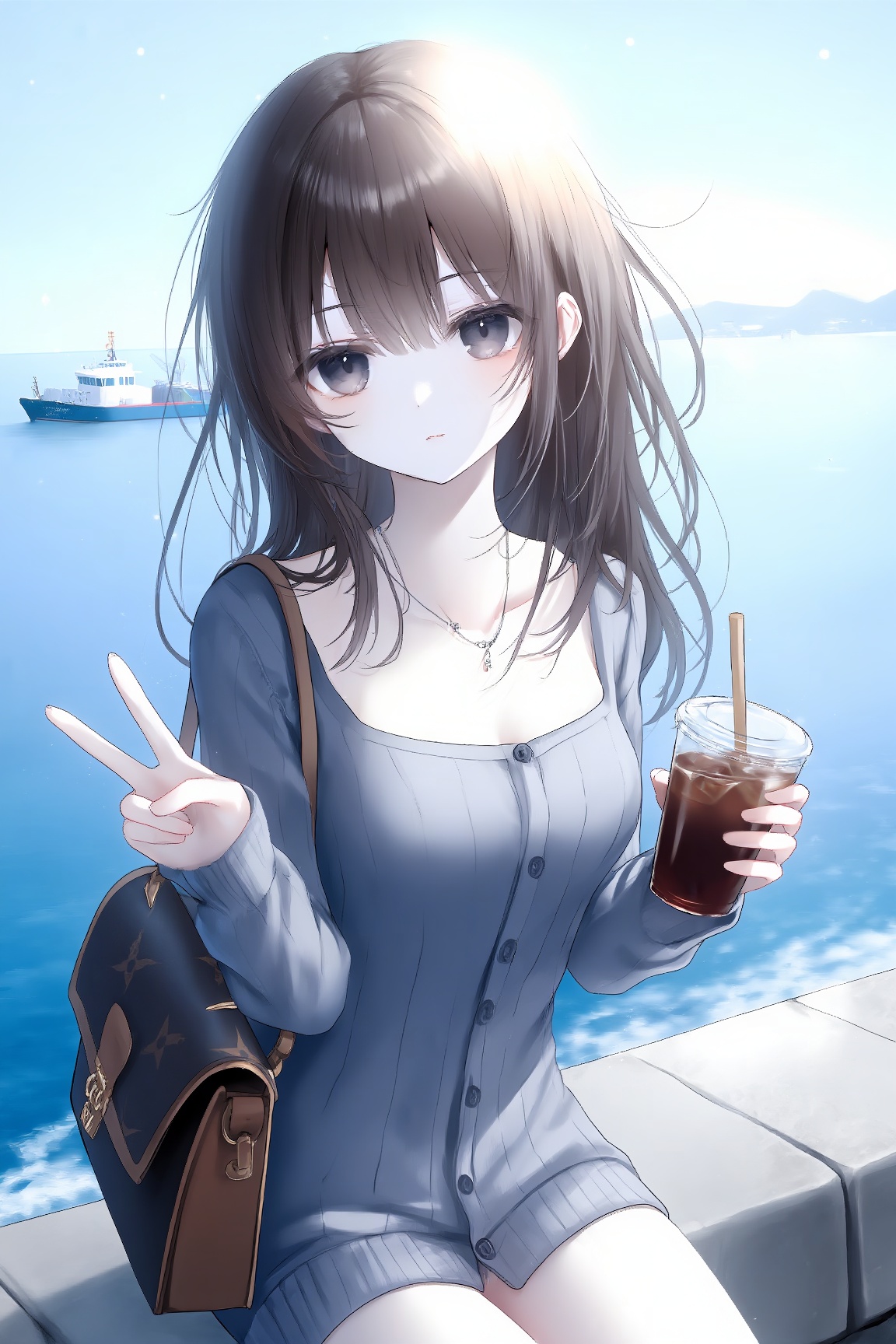 新式动漫风格,19岁漂亮女生,娃娃脸,无辜大眼睛,清冷御姐气质,冷白皮通透细腻,皮肤弹性十足,深棕慵懒长发及腰,自然披散,发丝凌乱微风吹动,发丝拂面,头顶光、发丝光、侧光,梦幻朦胧感,轻微噪点,微微过曝,动态模糊（远处来往车辆行人）,商业修图质感,白日中午自然光,冷色调偏蓝色主色调,日常抓拍氛围。 身着大方领长袖修身开衫,精致复杂超细项链,身材自然优美。背着大牌包包,坐在旷野海边长石墩上,远处有轮船,夏日海边场景,一手拿塑料杯装冰美式配牛皮纸吸管,一手对镜头比剪刀手,私密写真感,动作自然随机。