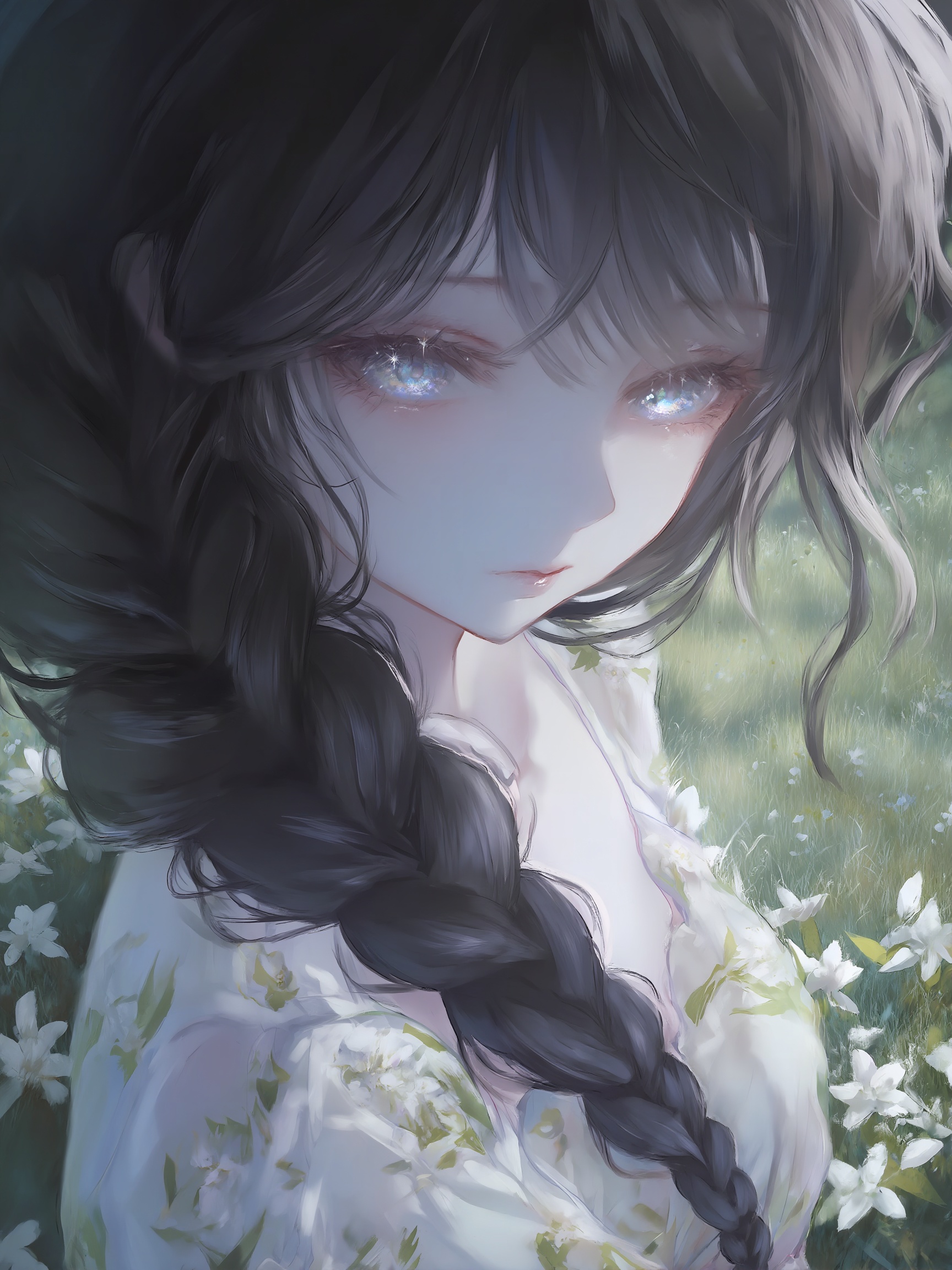 女,深色长发,发丝蓬松,头发编成一条粗长的麻花辫搭在左肩,淡白色茉莉花碎花连衣裙,坐在开满花朵的草坪上,特写镜头,梦幻感,浅景深,画面光影明暗对比,大师作品,三维秘境,精致细节,精致刻画,流畅的线条,神秘感,深邃感,柔光,极繁风格,发丝细腻富有光泽,精致厚涂,近距离肖像画,大眼睛,眼睛狭长上挑,慵懒,绝美眼睛,瓷白如玉的肌肤,肌肤纹理,面部光影,笔触,线条清晰,高级感,清冷,五官精致,精致感,高质量,柔焦,细节刻画,超高清,32K高清,近距离面部特写,面部微距镜头,大师级光影,明暗对比,杰出,超细腻细密颗粒感,自然光影,色彩和谐,唯美,与厚涂油画笔触,华丽惊艳氛围,超高清,惊艳光影效果,梦幻朦胧意境,眼神璀璨,虹膜有光泽,眼睛周围有布灵布灵的细闪, 人像摄影,日常快照风格,非精心构图或打光,神情忧郁妖冶少女,冷白皮,时尚穿搭,瓜子脸尖下巴,皮肤白皙,底妆通透,肤色均匀自然,纯欲风。,发丝清晰可见,皮肤白皙,底妆通透,肤色均匀自然,纯欲风。光线柔和自然,非均匀打光,表情自然松弛,照片毫无修饰感,带有生活真实感。ccd拍照感,iphone实拍,真人,真实生活,
