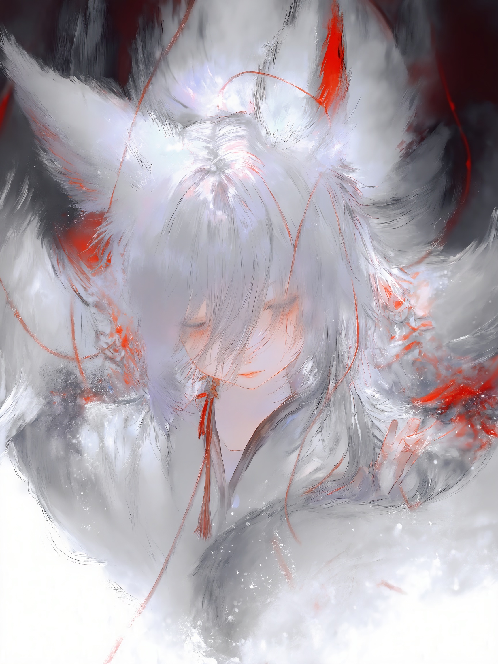 氛围感和层次感,结合莫奈油画风格和动漫水彩风格,用清晰笔触和柔和光线展现丰富明朗的色彩。画面中心人物的头发重重地遮住面部,凌乱的头发,运用厚涂技法和流线笔刷,营造朦胧,构图饱满,细节处理细腻,长发,发丝飘动,朦胧,垂眼,梦幻感,营造出充满故事感氛围的画面。采用动态角度,画面以银色和红色为主要色彩,使画面充满颗粒感,自然感,虚化感。双重狐耳,,公主切加狼尾,腹黑,挑染,具有黑白水墨风格,弥漫着传统水墨画的气息,画面以大面积白色铺陈,背景干净整洁,宣纸的纹理质感清晰可辨,尽显简约与极简之,面部表情、复杂的肢体动作等都绘制得极为精美,中式,聊斋志异九尾狐,红线,顶级构图,怪谈美学,流苏,全身。超广角强透视构图,张力十足,压迫感,细节生动完美。极其震撼的一幕,视觉冲击力强,光影彼此交织错杂的梦幻感,朦胧,明暗对比强烈,阴影过渡自然,电影级构图,视觉冲击,8K画质,超清,极致细节,清晰的线条,高对比,大师级别的作品。立体渲染,精细画笔,超细腻笔触,线条流畅,超清画质,完美品质,高质量,自适应饱和度,专业级打光,大师杰作,自由视角,阴影过渡自然,氛围感,高级感,意境,亮闪,唯美,宿命感拉满,弥散粒子,画面具有层次感。视觉冲击,故事感,高级感,动态感。