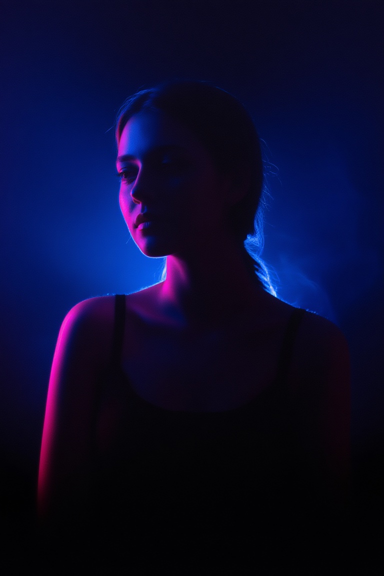 ek_LKNR,  low-key studio portrait of a woman,  blue and magenta rim-lit on Tensor.Art