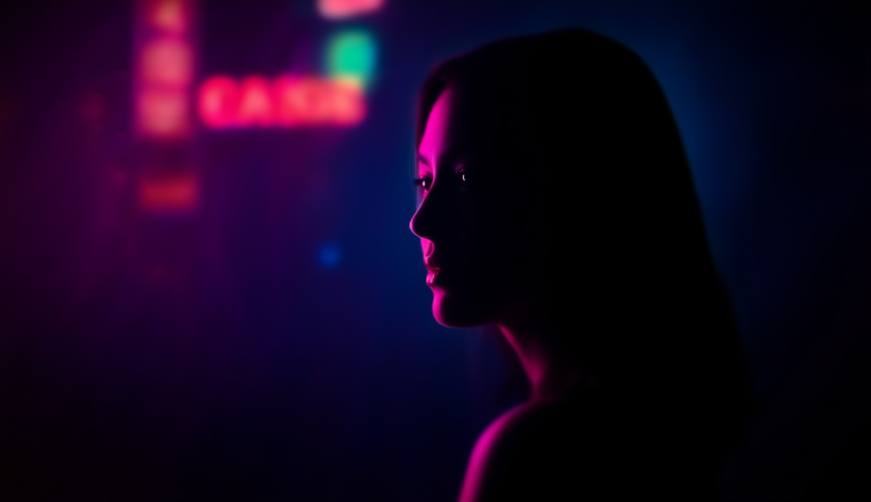 A cinematic dark neon rim-lit close-up portrait of a woman standing in near darkness,  side profile facing front left,  sh...
