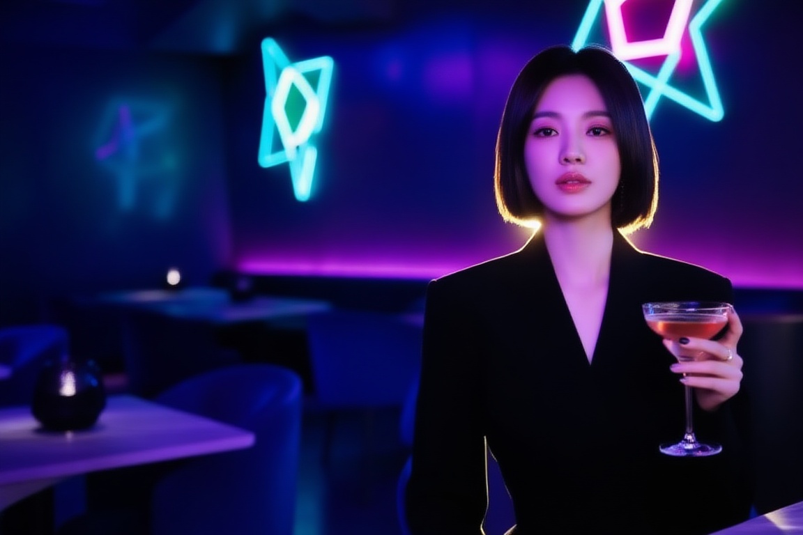dim neon-lit cafe private luxurious room interior,  upper-body portrait of a beautiful young woman with short hair,  face...